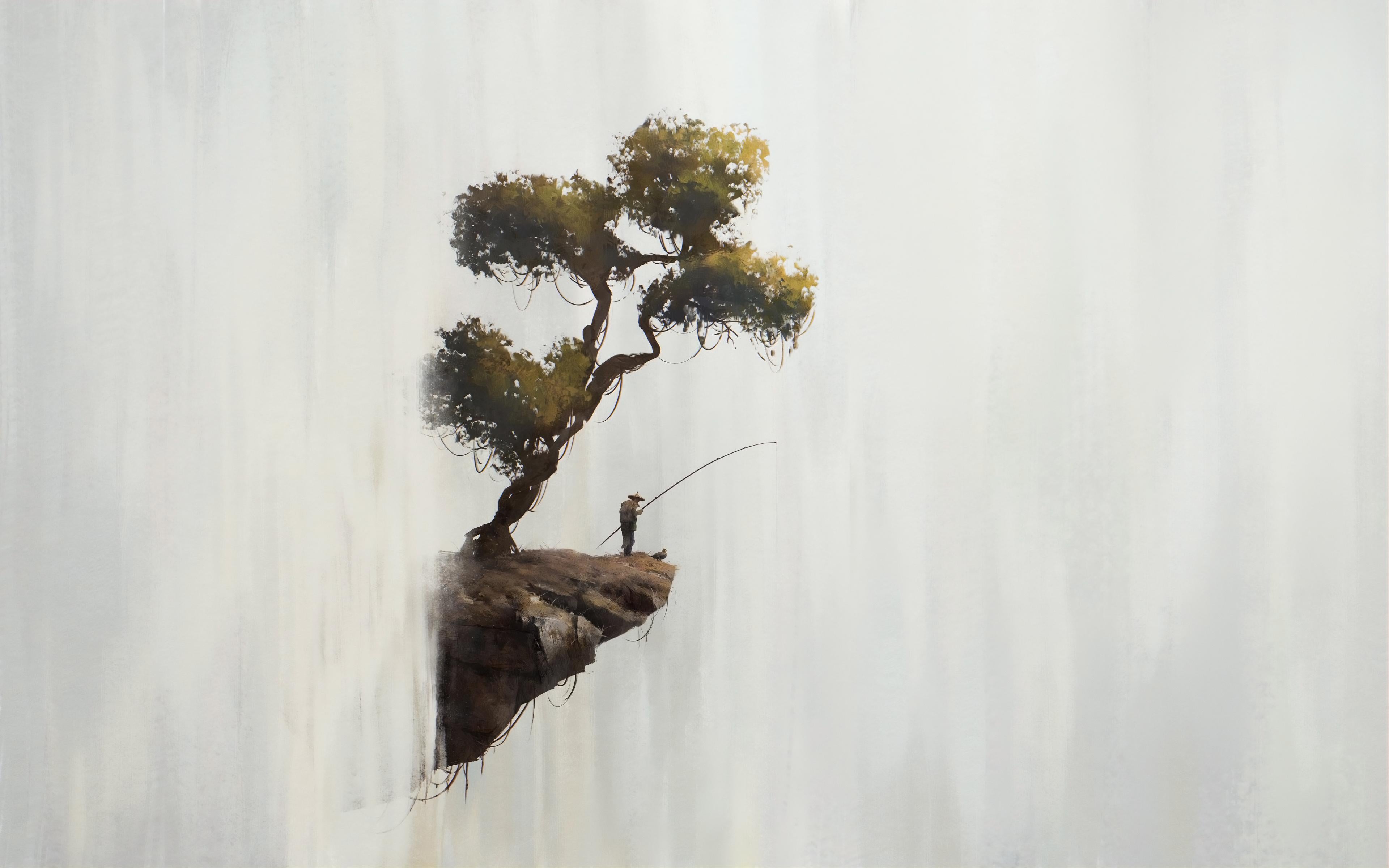 Artistic Fisherman on Floating Cliff Waterfall HD Wallpaper