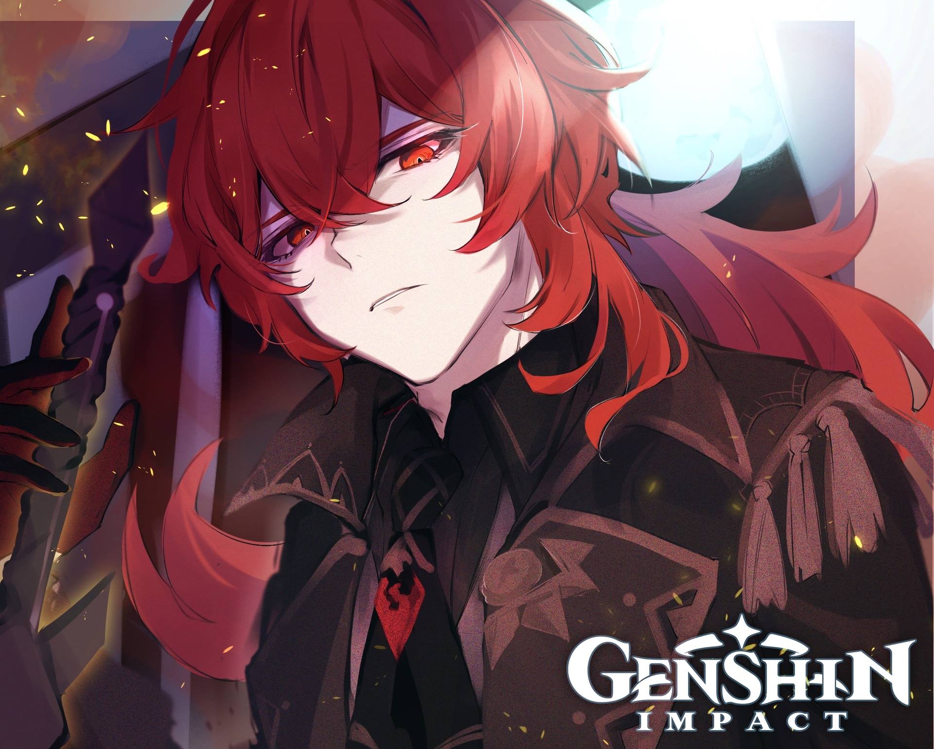 Dark and intense Diluc from Genshin Impact HD Wallpaper