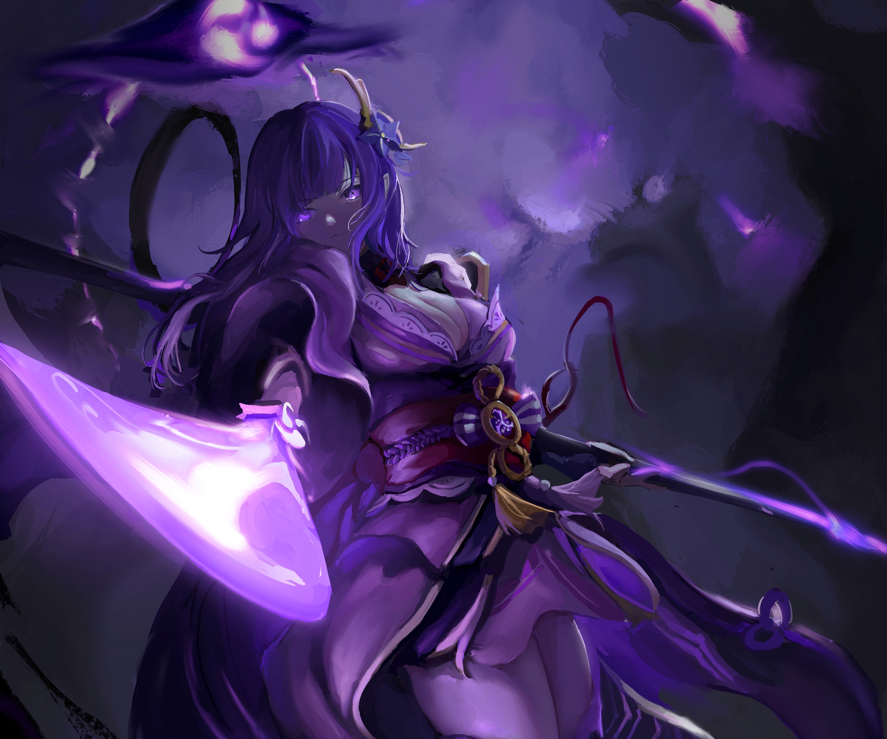 Baal Raiden Shogun with glowing purple polearm HD Wallpaper