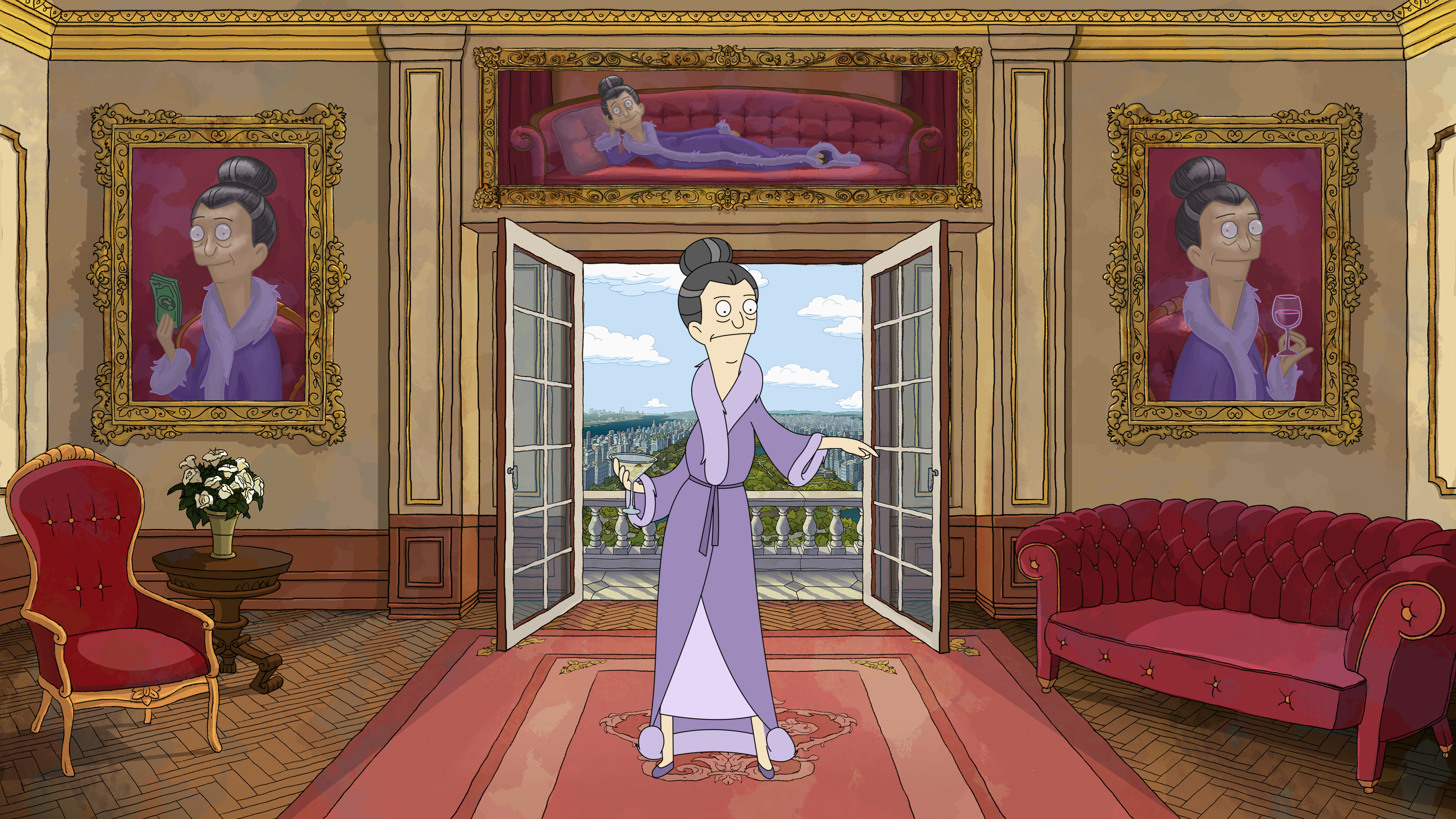 Helen in her robe and portraits in luxurious Central Park home HD Wallpaper