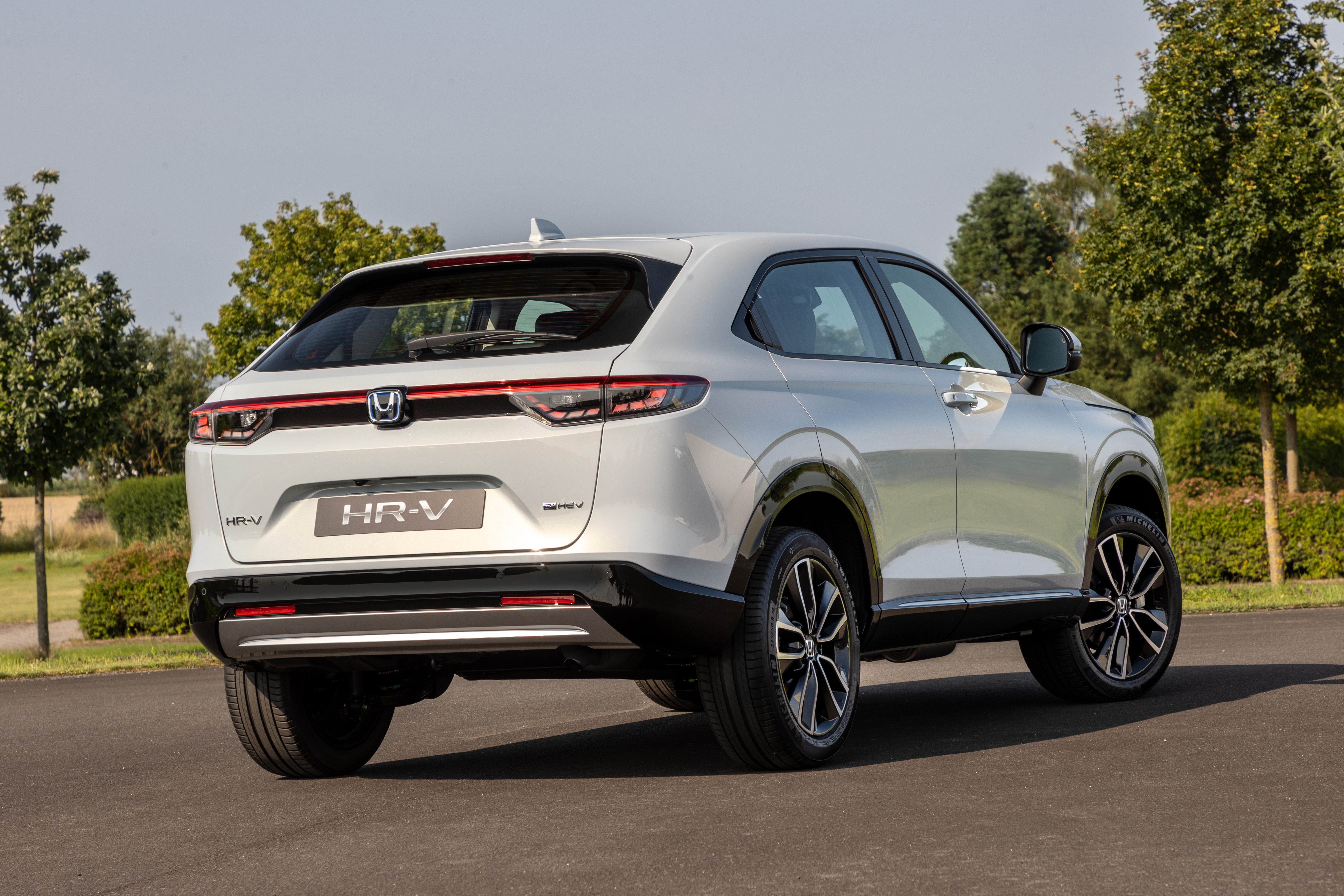 White Honda HR-V e:HEV SUV rear view 4K HD Wallpaper