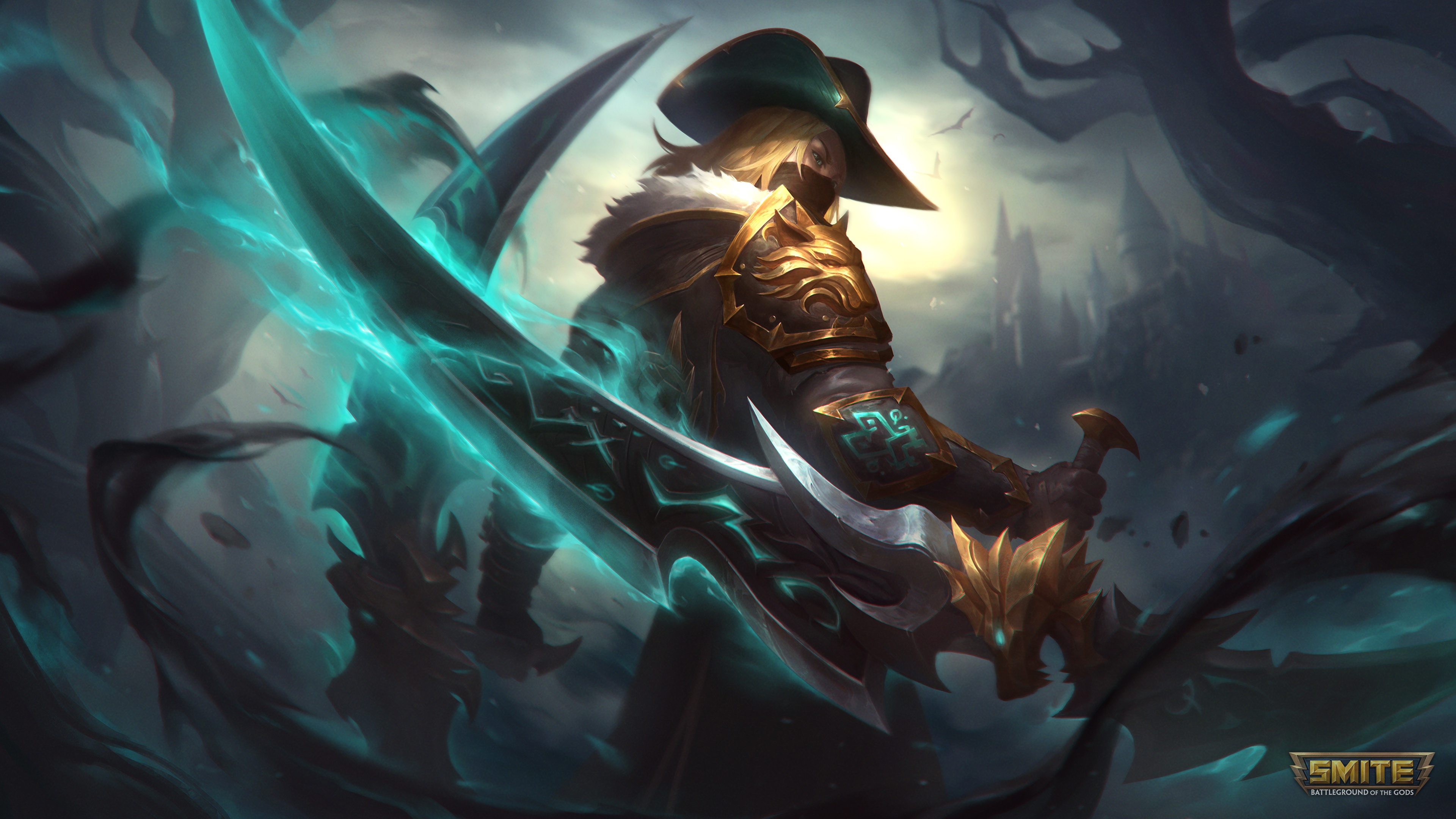 Smite's Tsukuyomi Silver Bullet with glowing teal sword HD Wallpaper