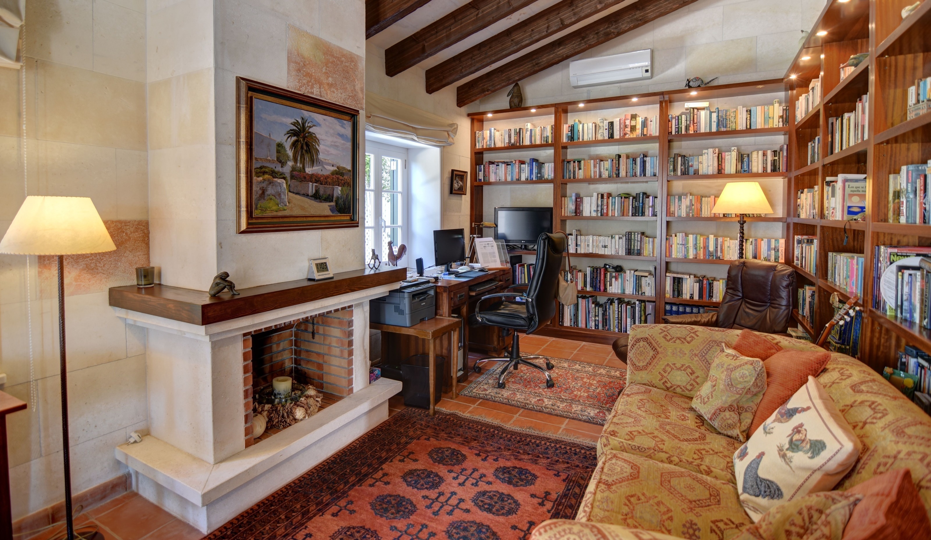 Cozy Home Library and Study with Fireplace HD Wallpaper