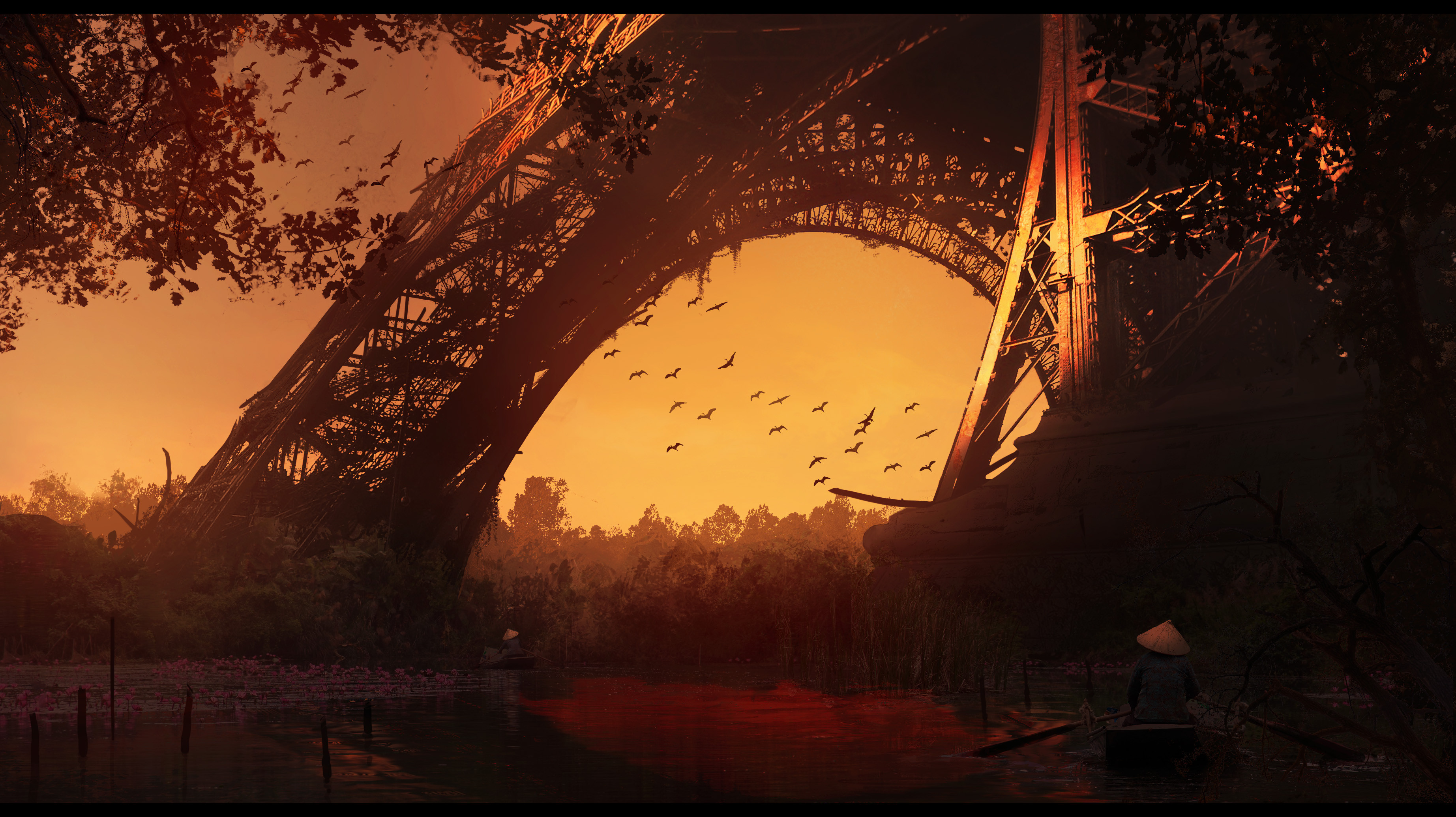 Eiffel Tower ruins in a jungle river at sunset HD Wallpaper