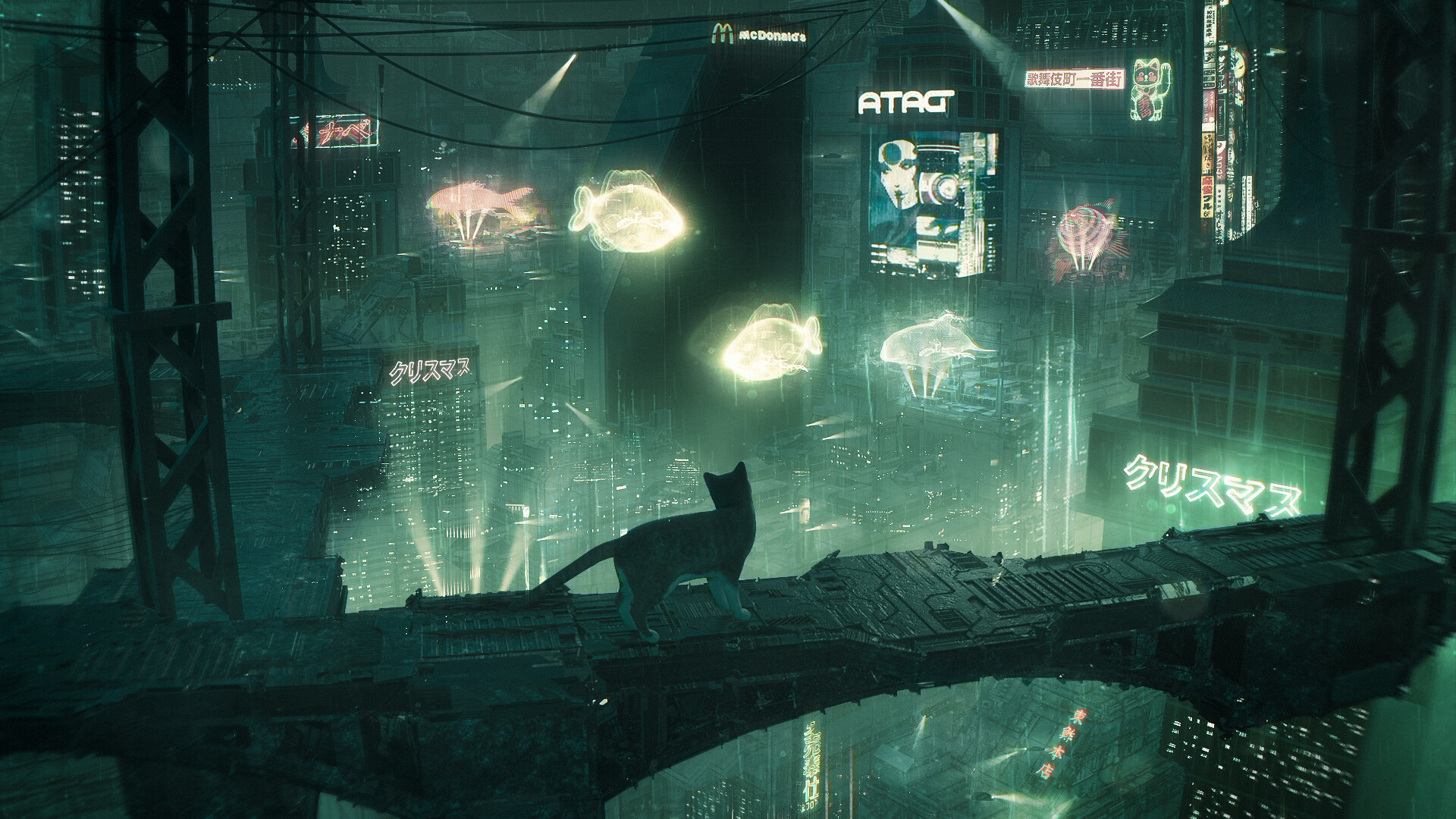 Cat on bridge in rainy cyberpunk Hologram Valley HD Wallpaper