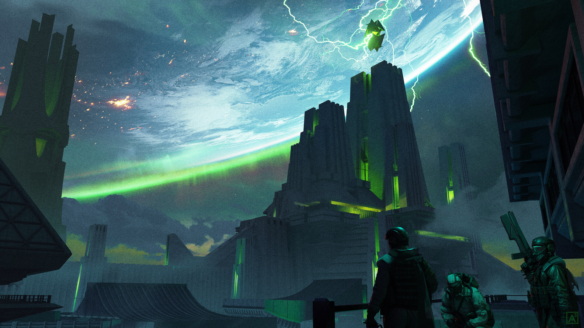 Green Lightning over Vega's Futuristic City HD Wallpaper