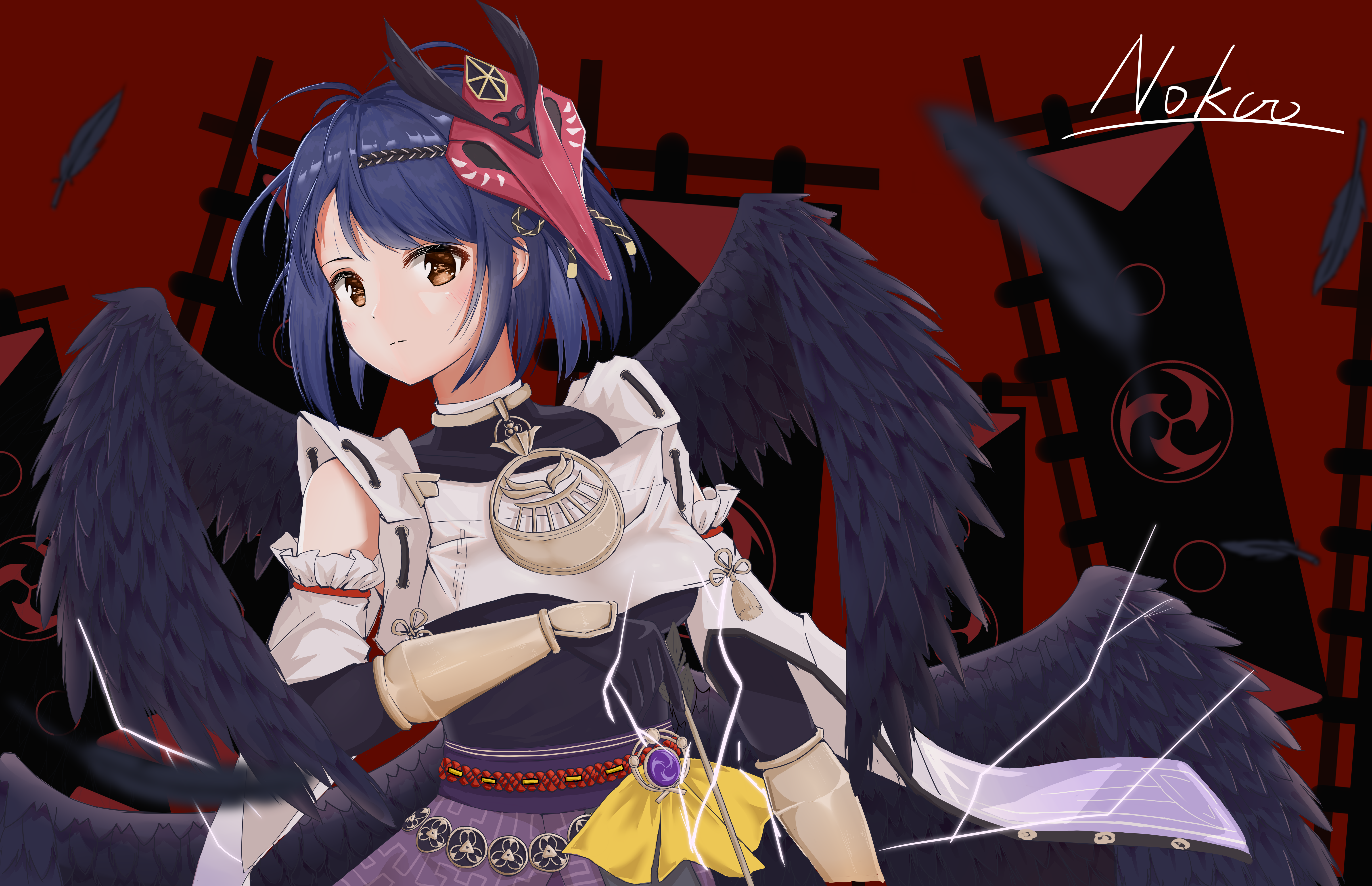 Kujou Sara with dark wings and lightning HD Wallpaper