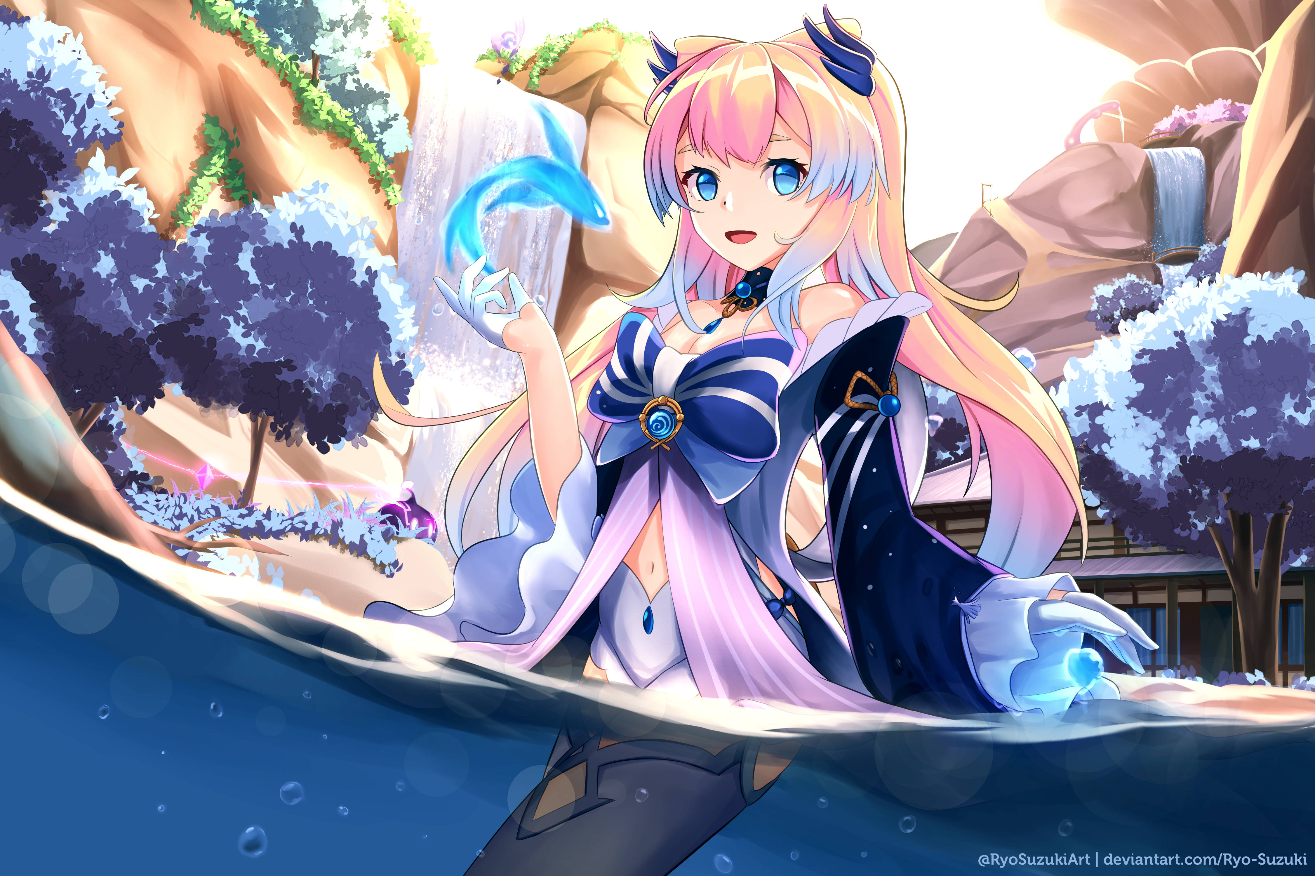 Sangonomiya Kokomi with a Glowing Blue Fish HD Wallpaper