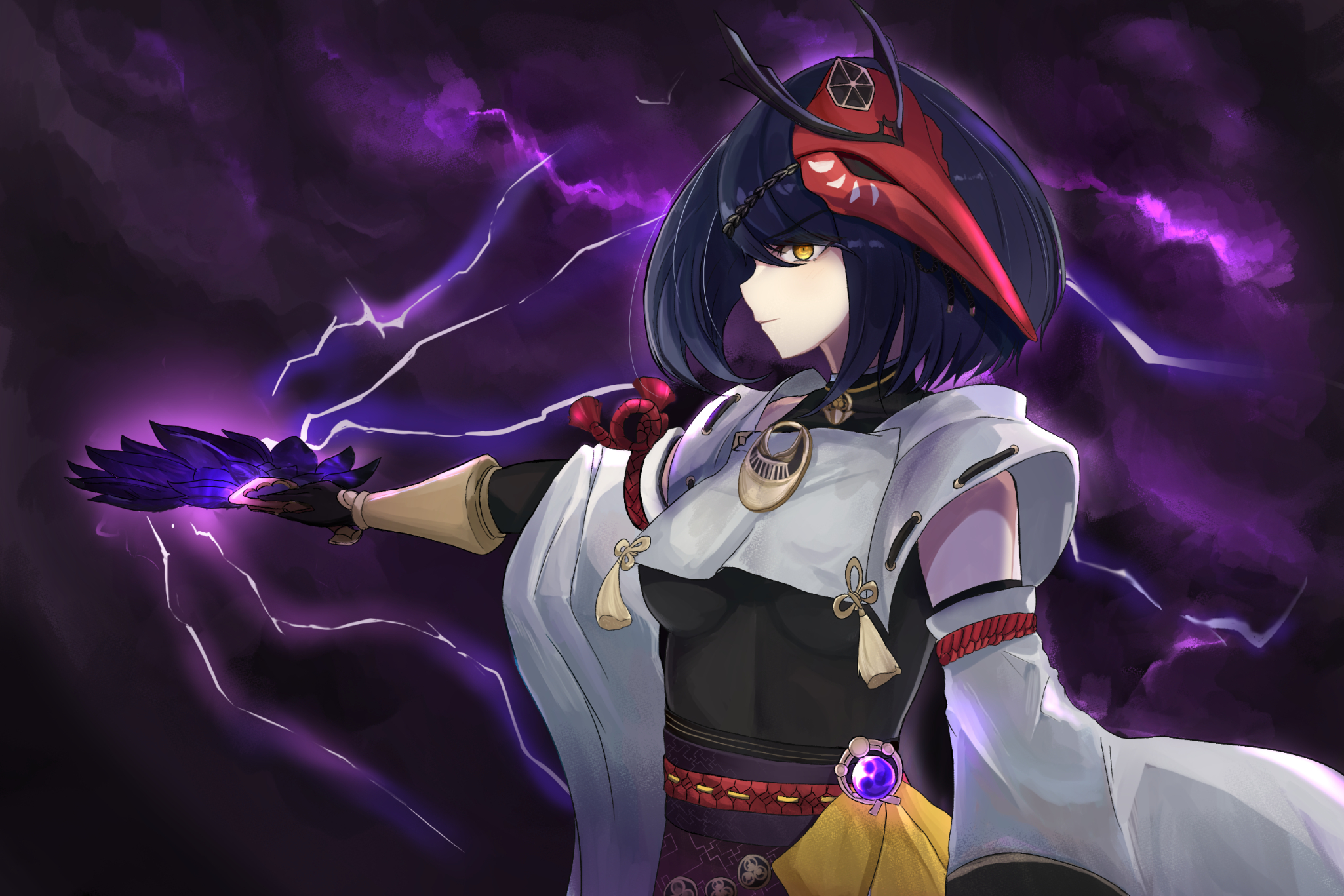 Kujou Sara with glowing purple fan and lightning HD Wallpaper