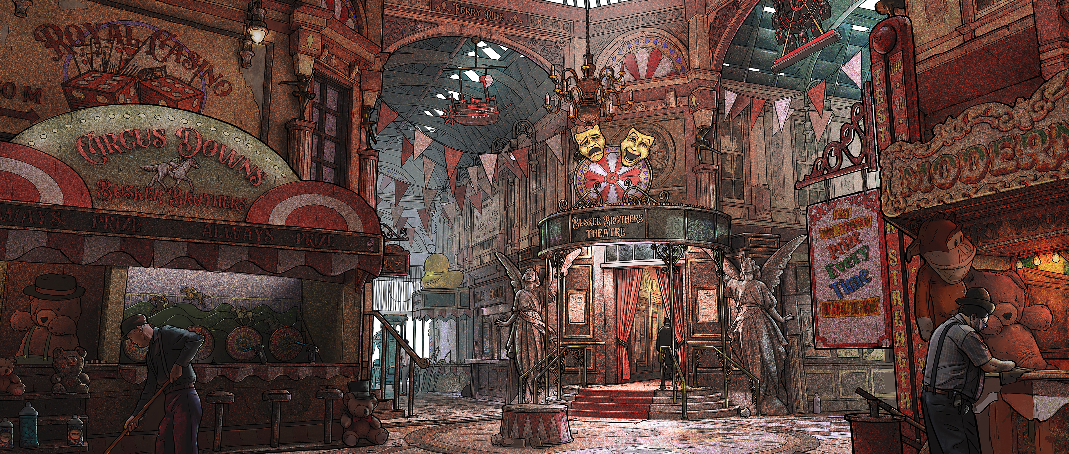 Grand Interior Promenade with Circus Games and Theatre HD Wallpaper
