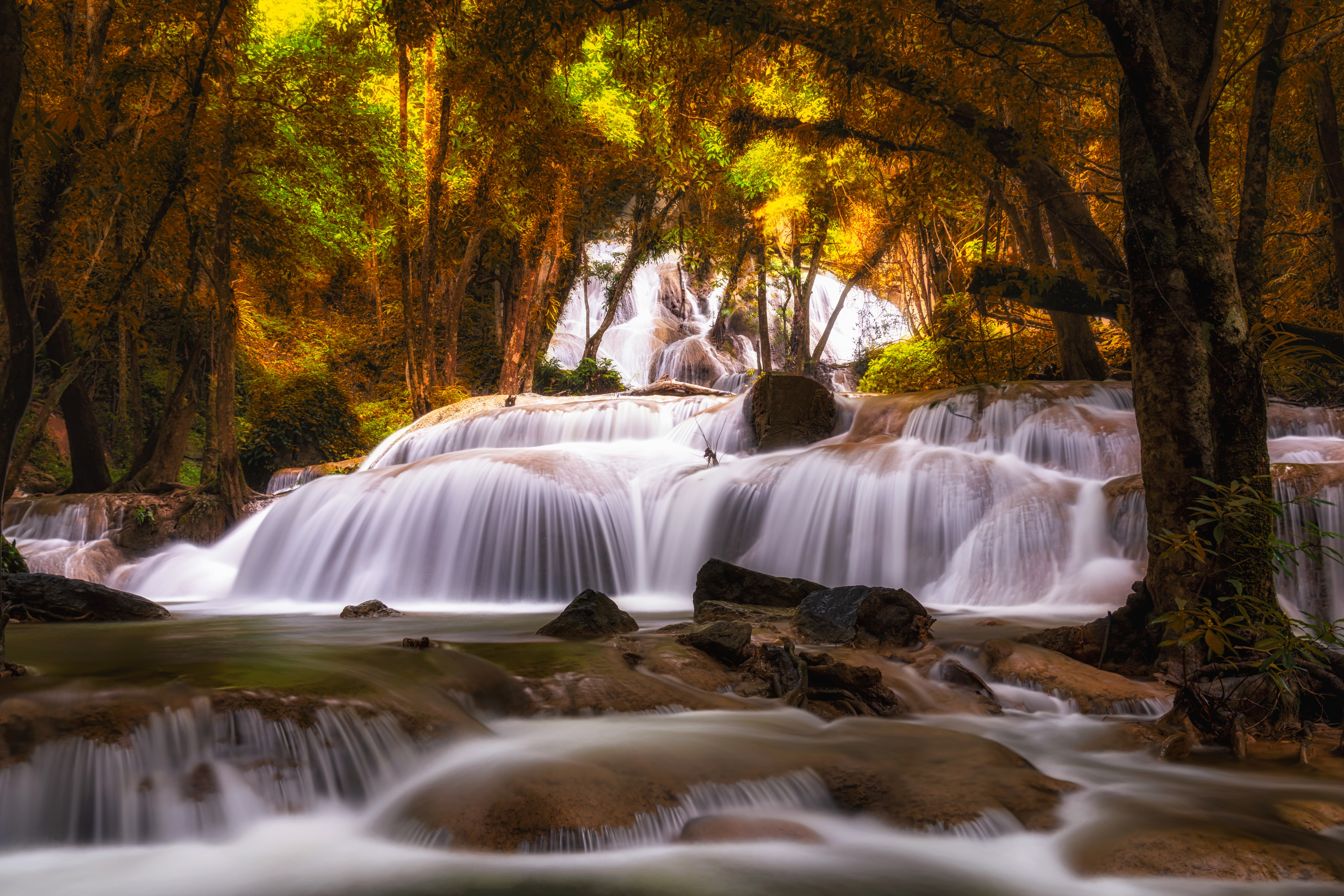 Stunning waterfall cascading through a golden autumn forest HD Wallpaper