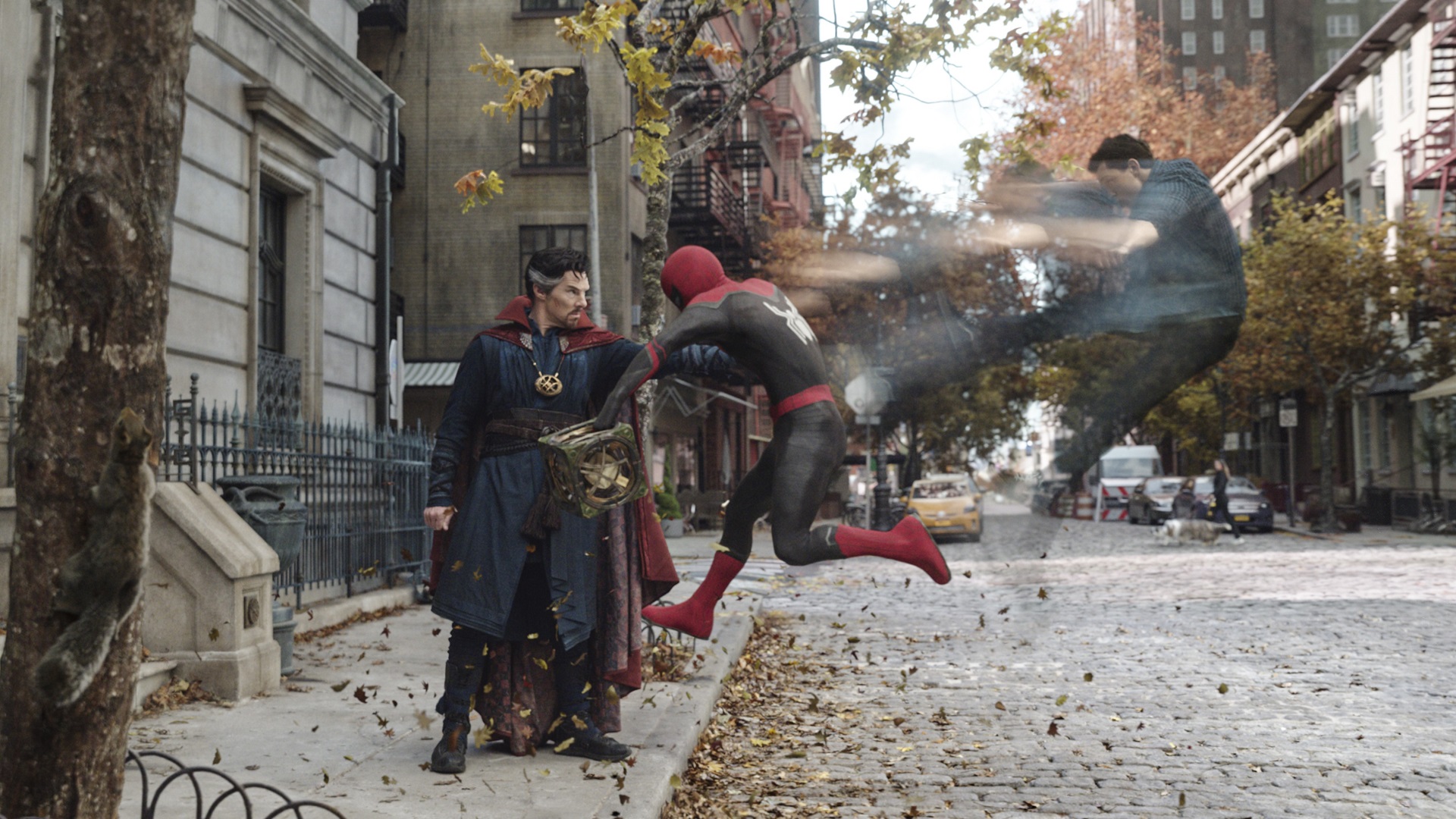 Spider-Man and Doctor Strange's chaotic street confrontation HD Wallpaper