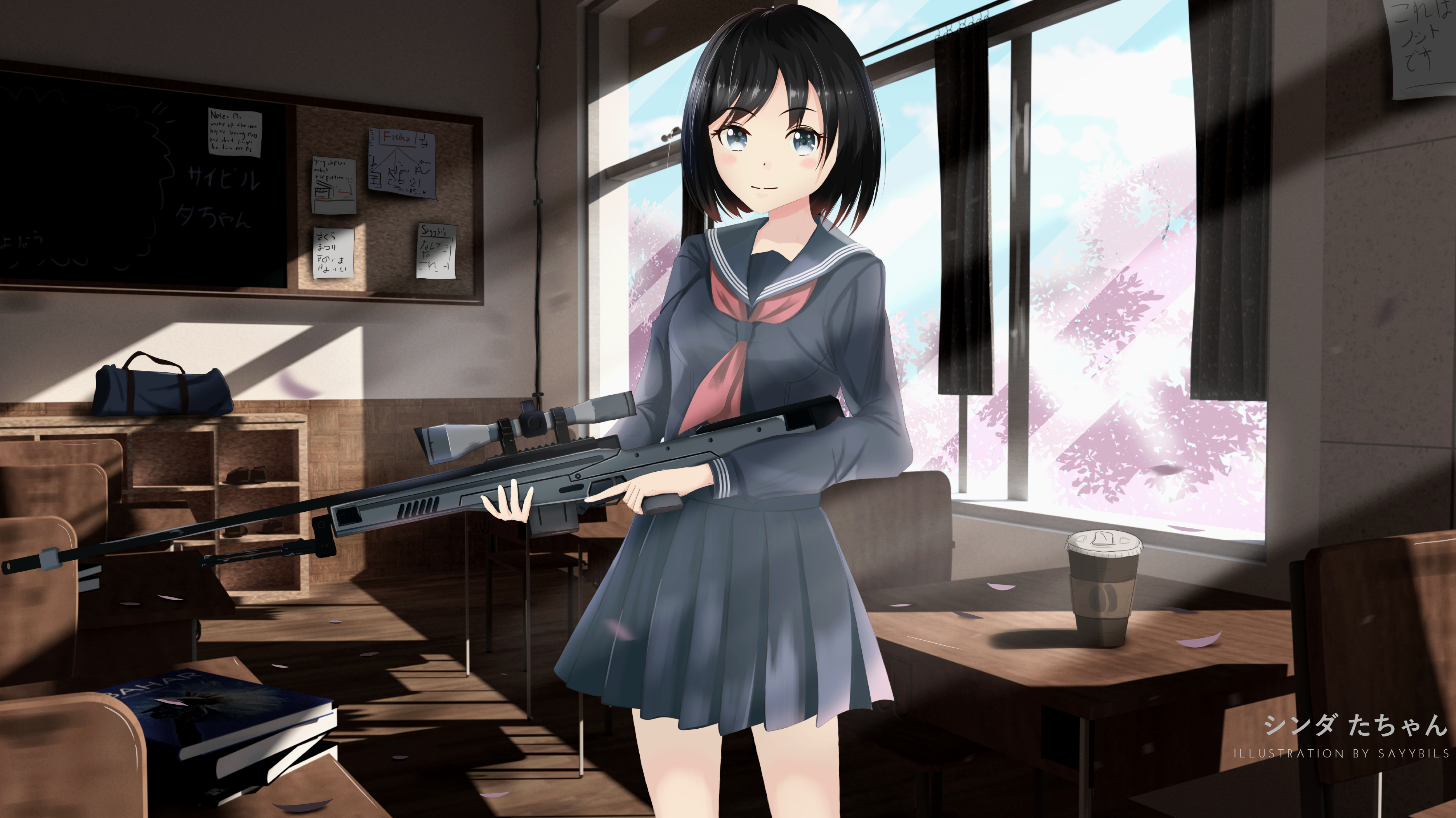 Anime Schoolgirl with Sniper Rifle in Classroom HD Wallpaper