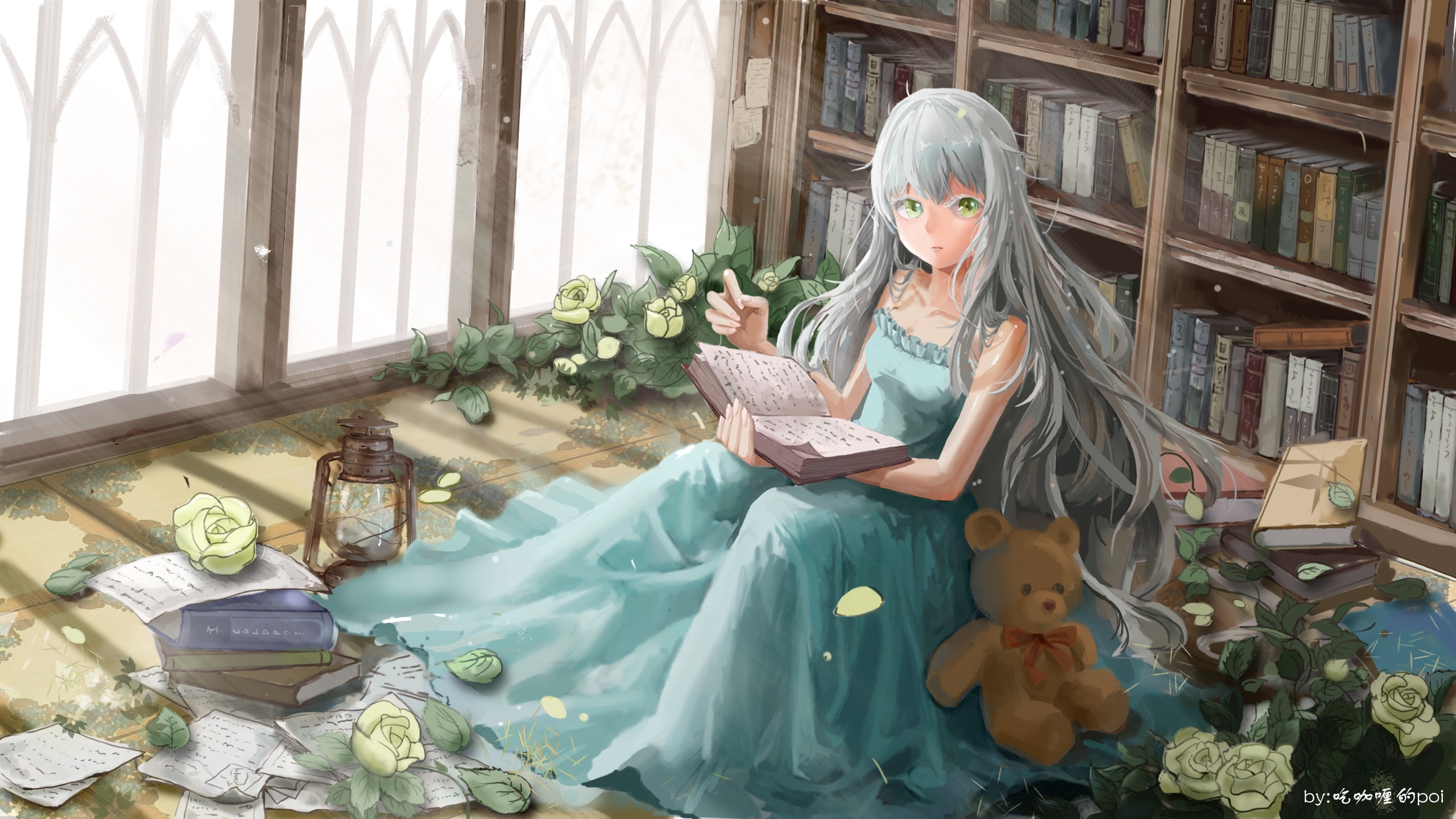 Grey-haired girl in dress reading book with teddy bear HD Wallpaper