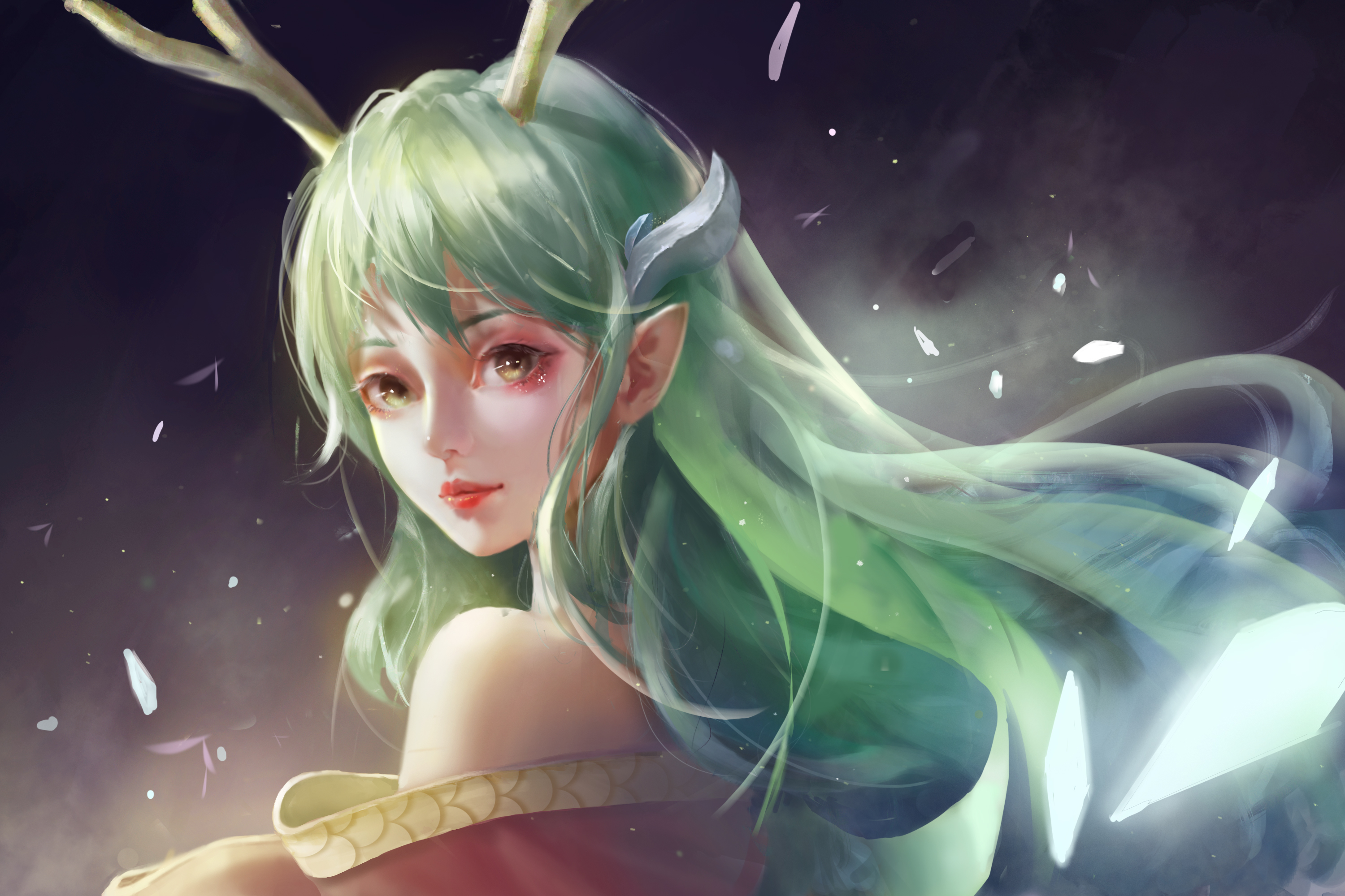 Fantasy Elf Woman with Green Hair and Antlers HD Wallpaper