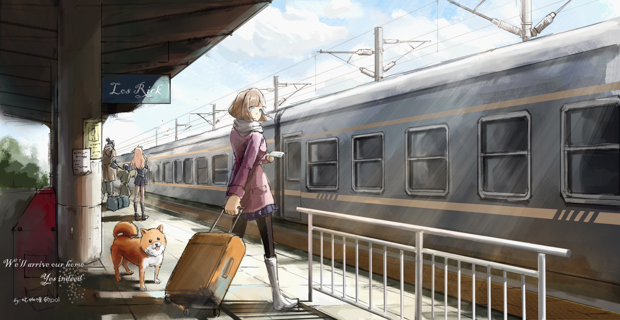 Girl with dog and suitcase on train platform HD Wallpaper