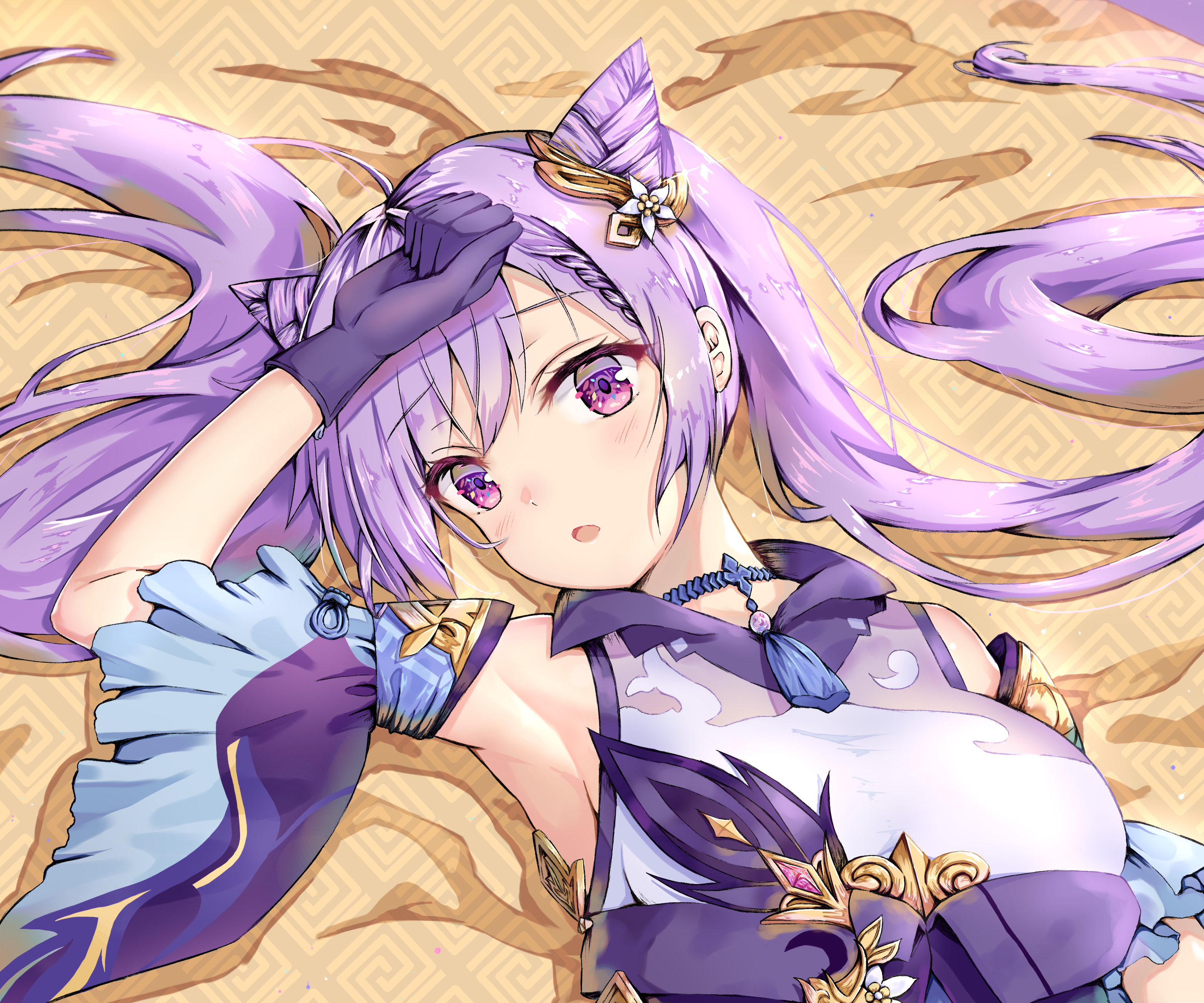 Keqing (Genshin Impact) lying down with purple hair HD Wallpaper