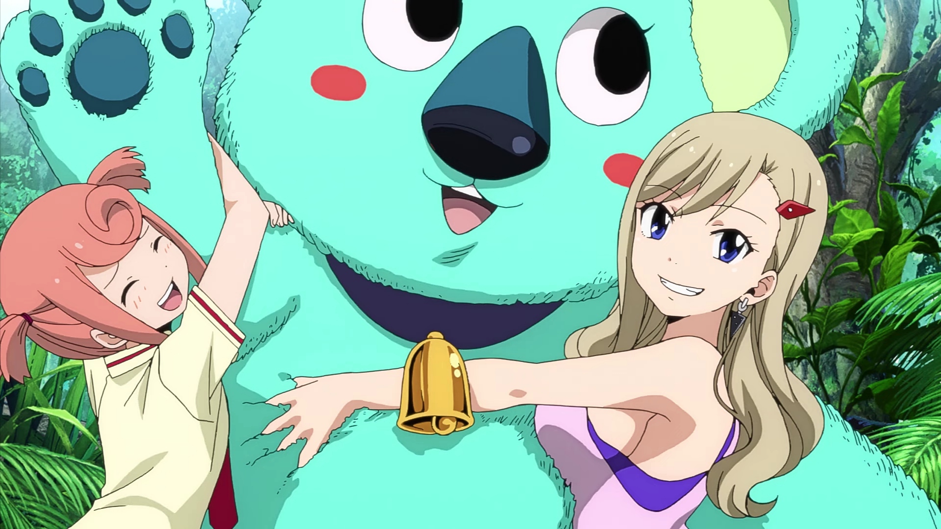 Rebecca and a girl hugging a giant blue koala HD Wallpaper