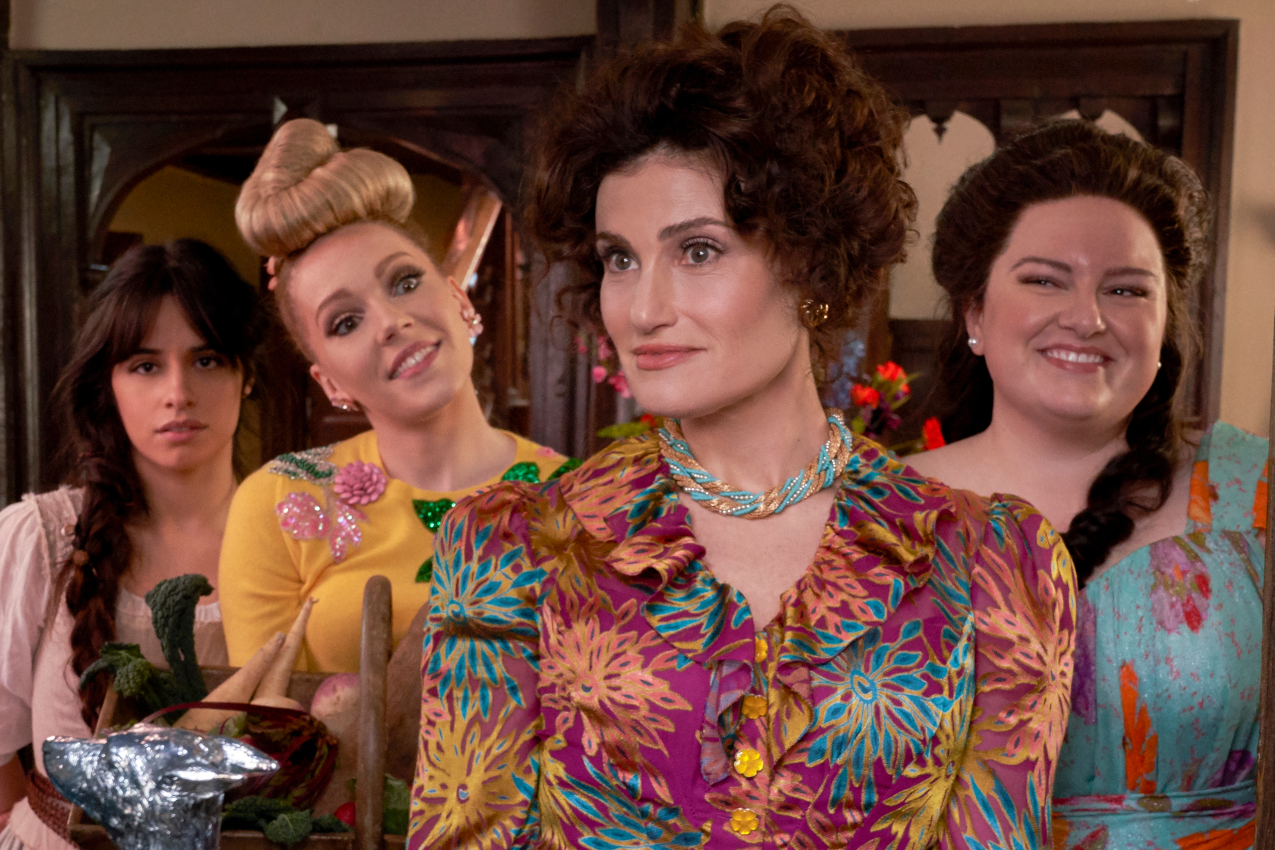 Idina Menzel as Stepmother with Cinderella and stepsisters HD Wallpaper