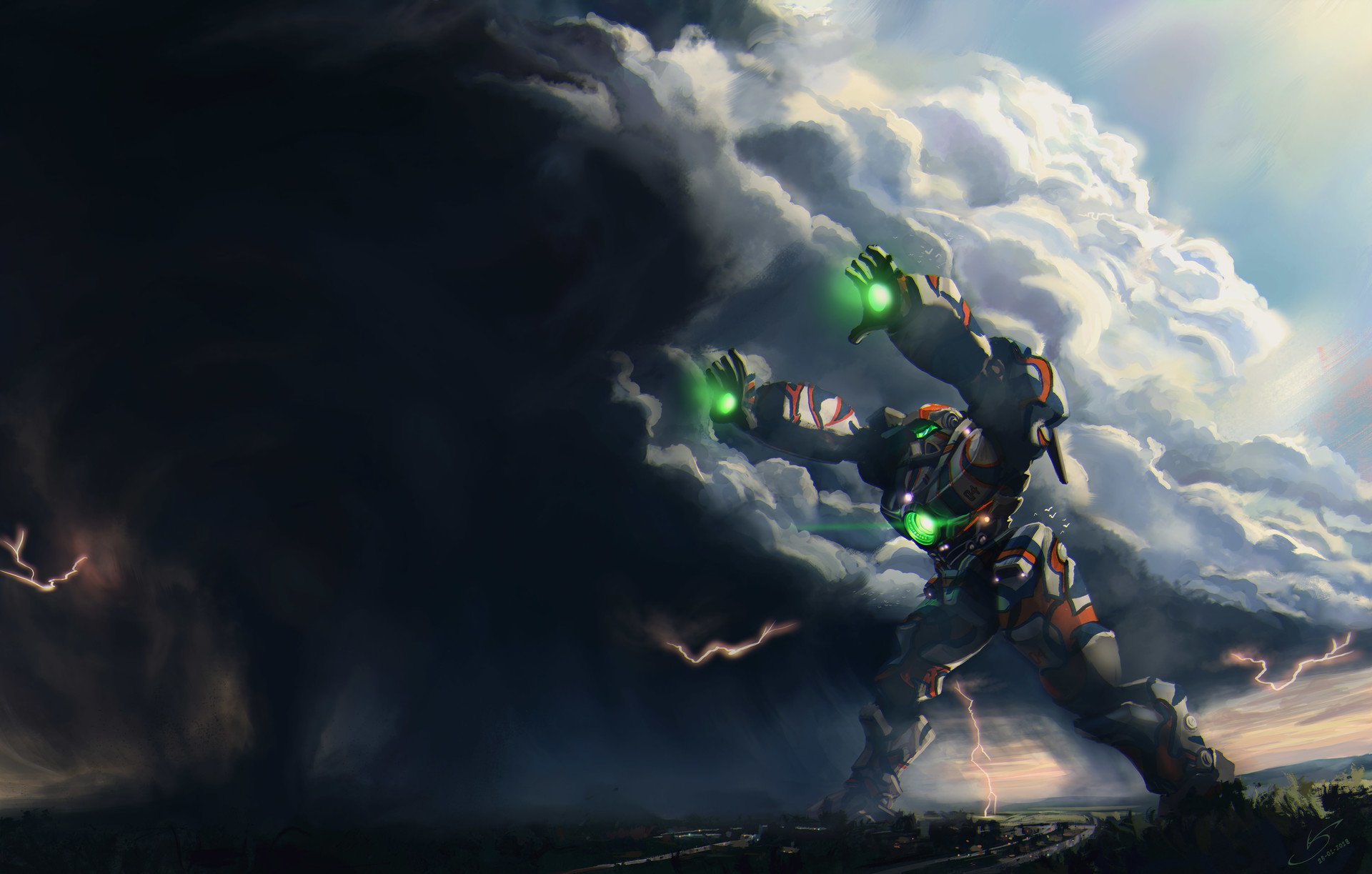 Storminator mech in a dramatic storm with lightning HD Wallpaper