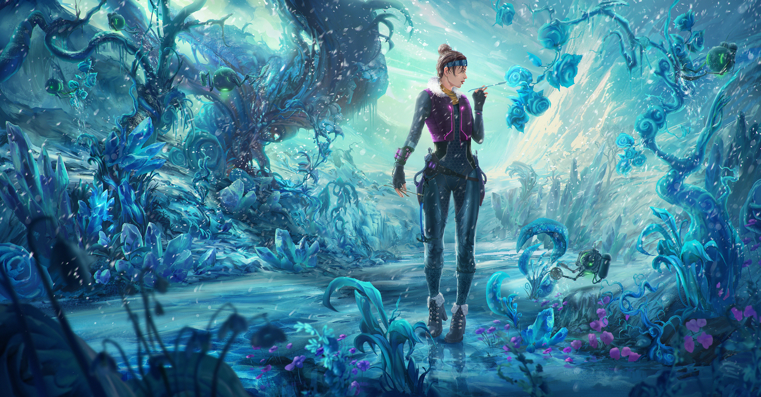 Sculptor crafting a blue rose in a frozen crystal world HD Wallpaper