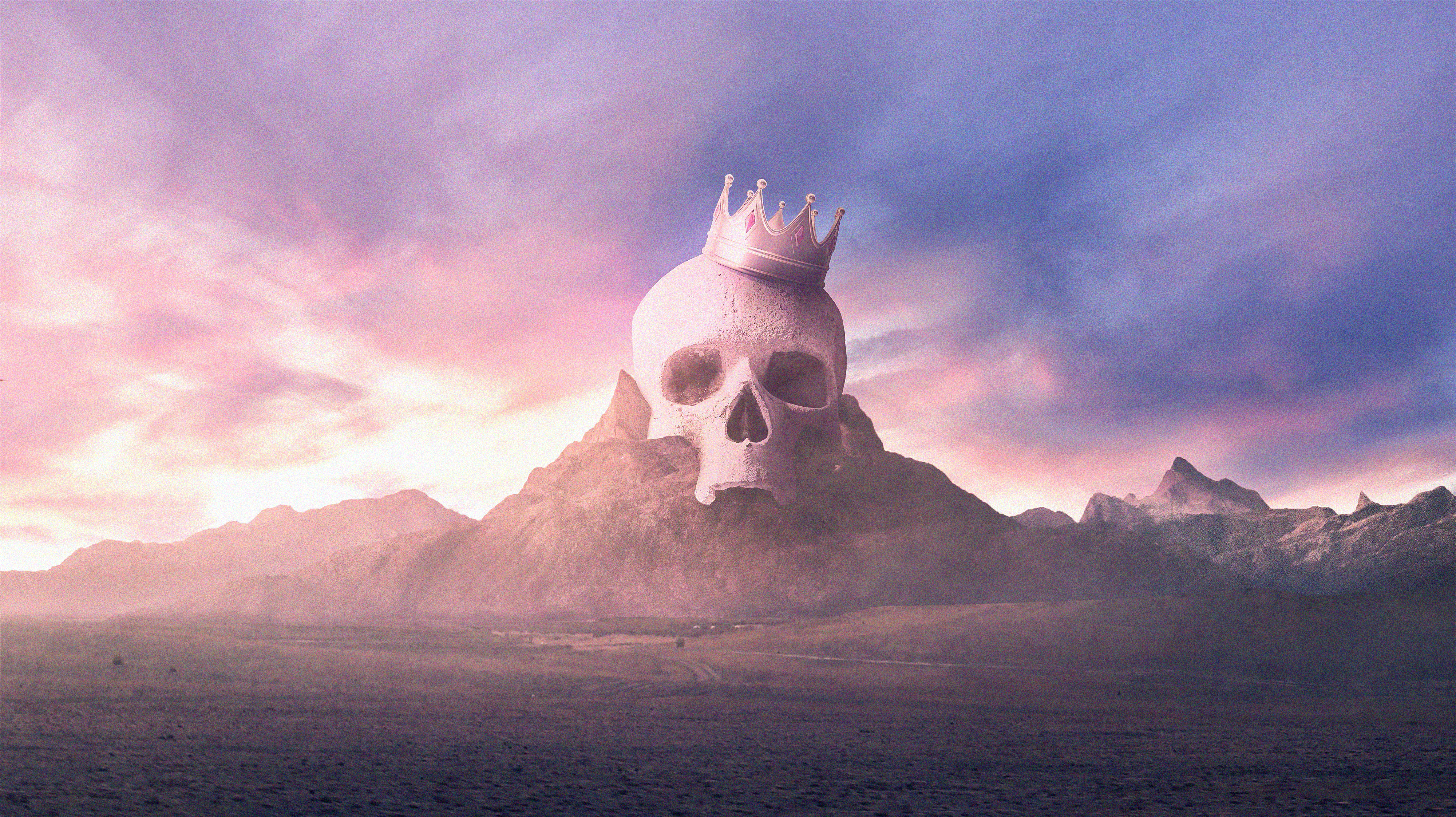Fallen Leadership: Crowned Skull on a Mountain Landscape HD Wallpaper