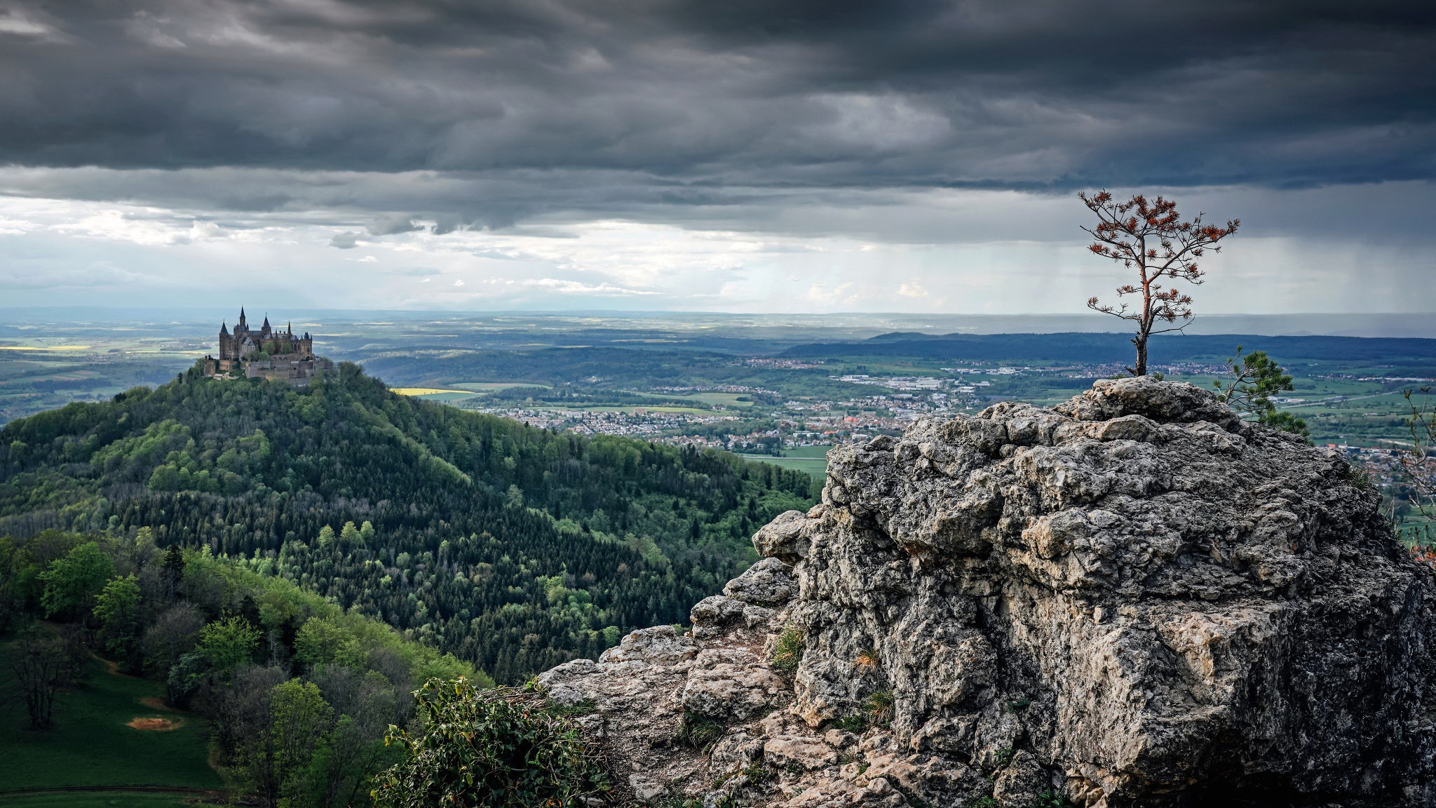 Castle on Forested Hill, Panoramic Landscape with Dramatic Sky HD Wallpaper