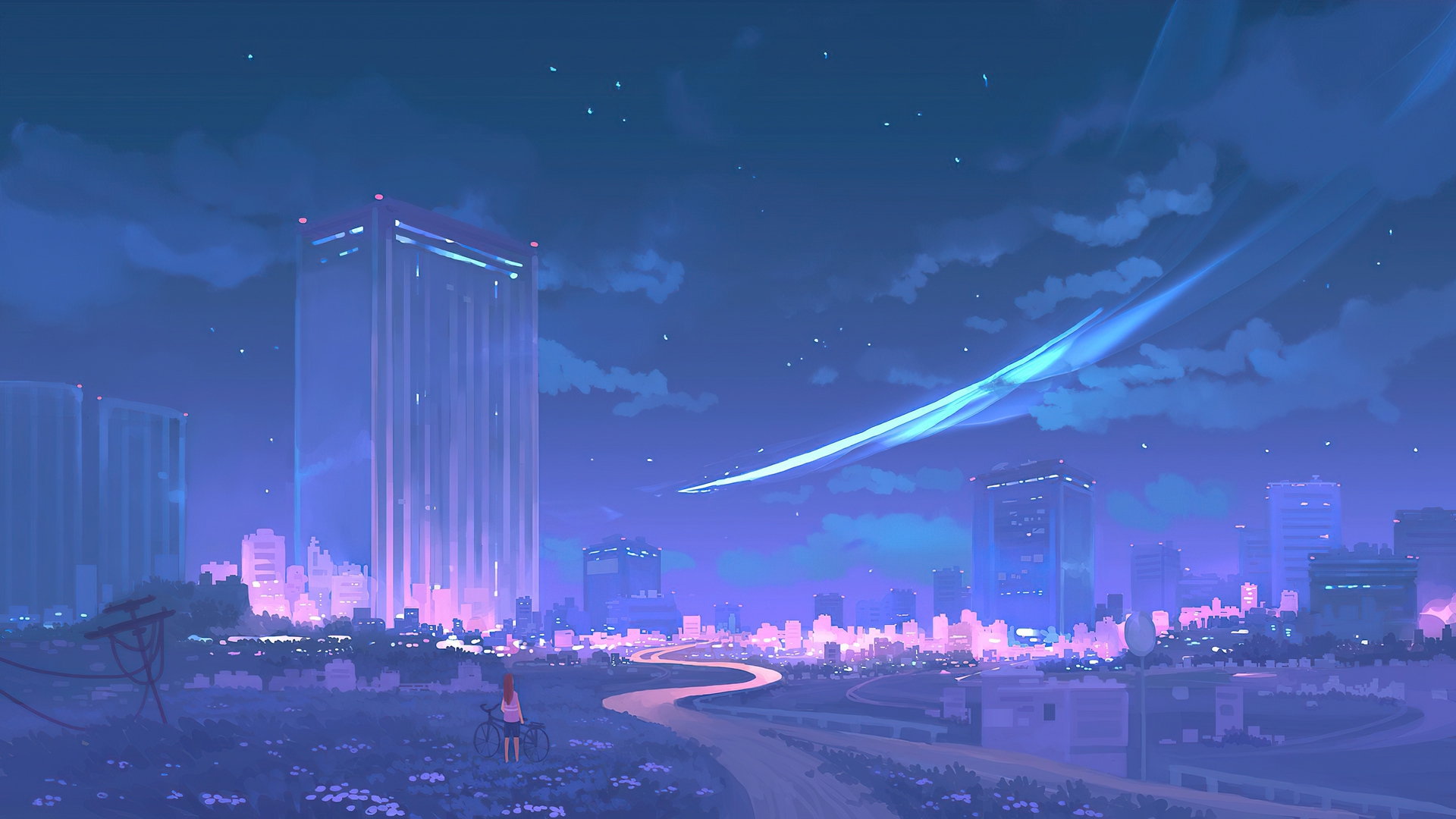 Artistic Night City with Skyscraper and Luminous Sky HD Wallpaper