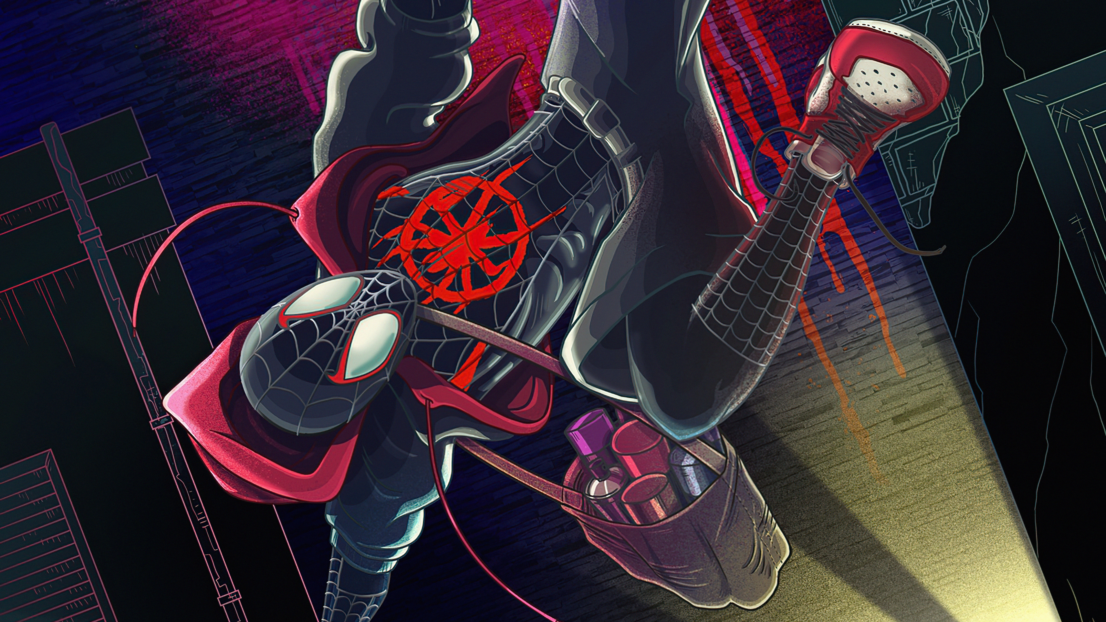Miles Morales Spider-Man with red cape and spray paint HD Wallpaper