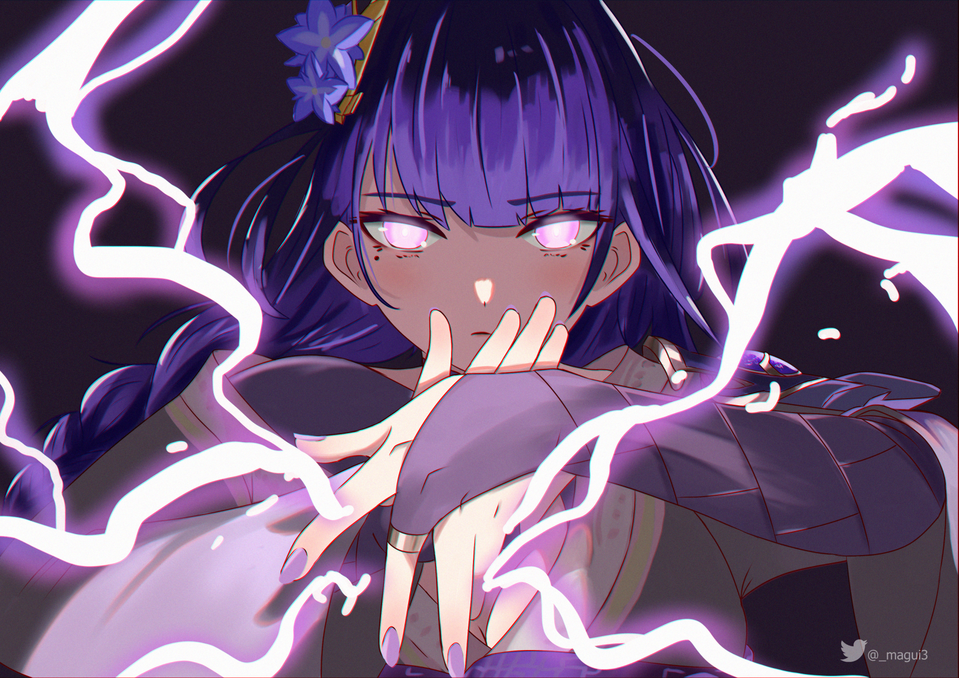 Raiden Shogun unleashing power with purple lightning HD Wallpaper