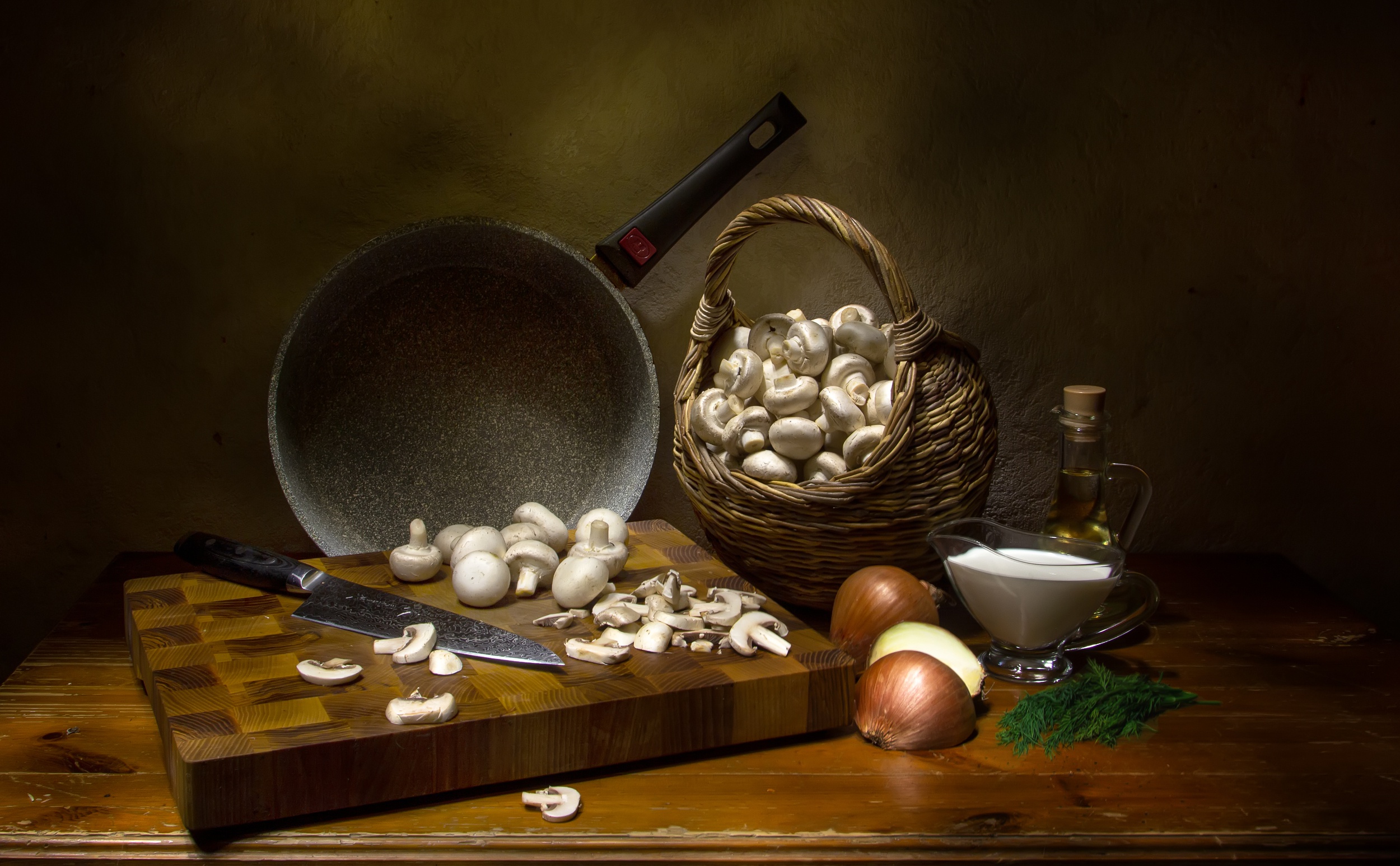 Still Life: Mushrooms, Pan, and Cooking Ingredients HD Wallpaper