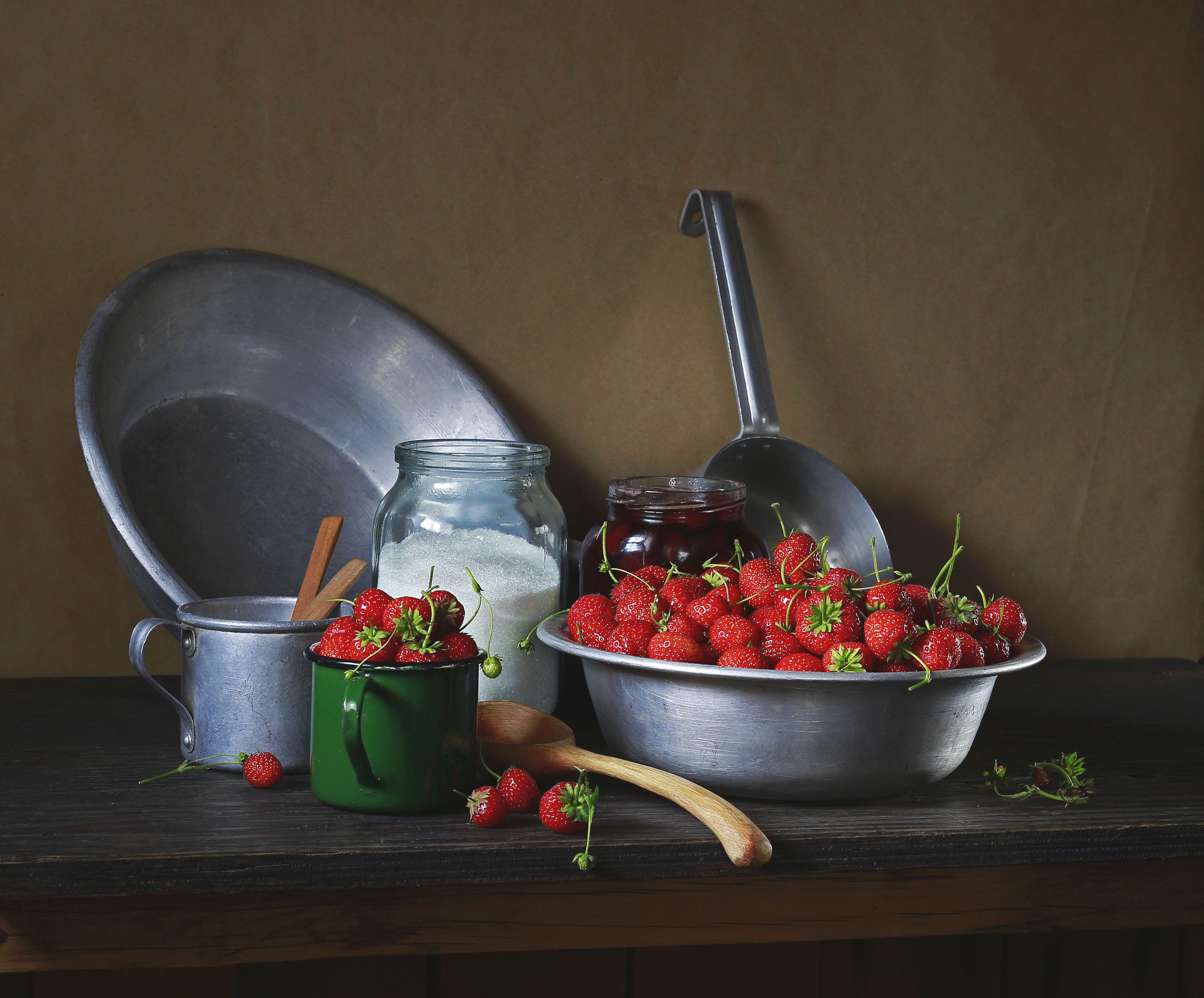 Rustic Still Life: Strawberries, Sugar, and Jam HD Wallpaper