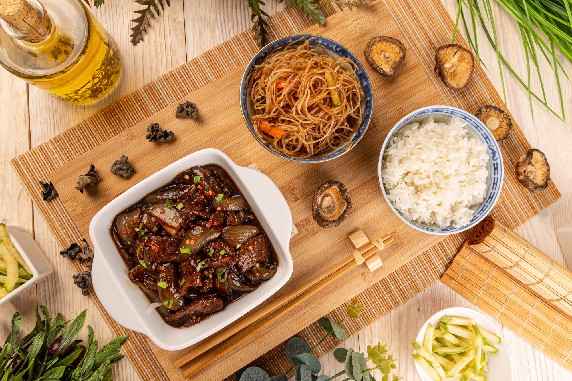 Asian Still Life Meal with Beef, Noodles, and Rice HD Wallpaper