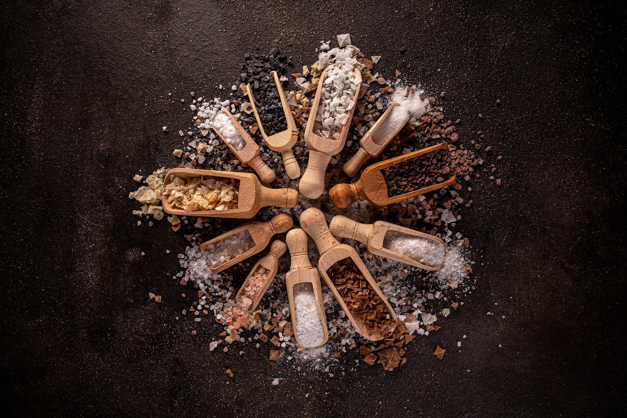 Variety of Salts in Wooden Scoops Still Life HD Wallpaper