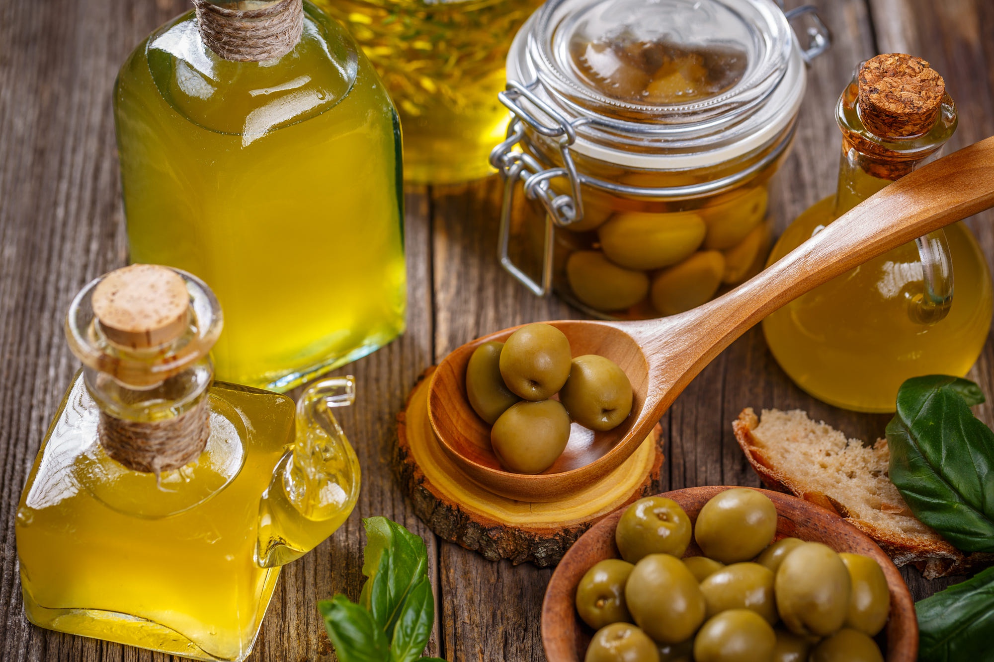 Rustic Still Life of Olive Oil and Olives HD Wallpaper