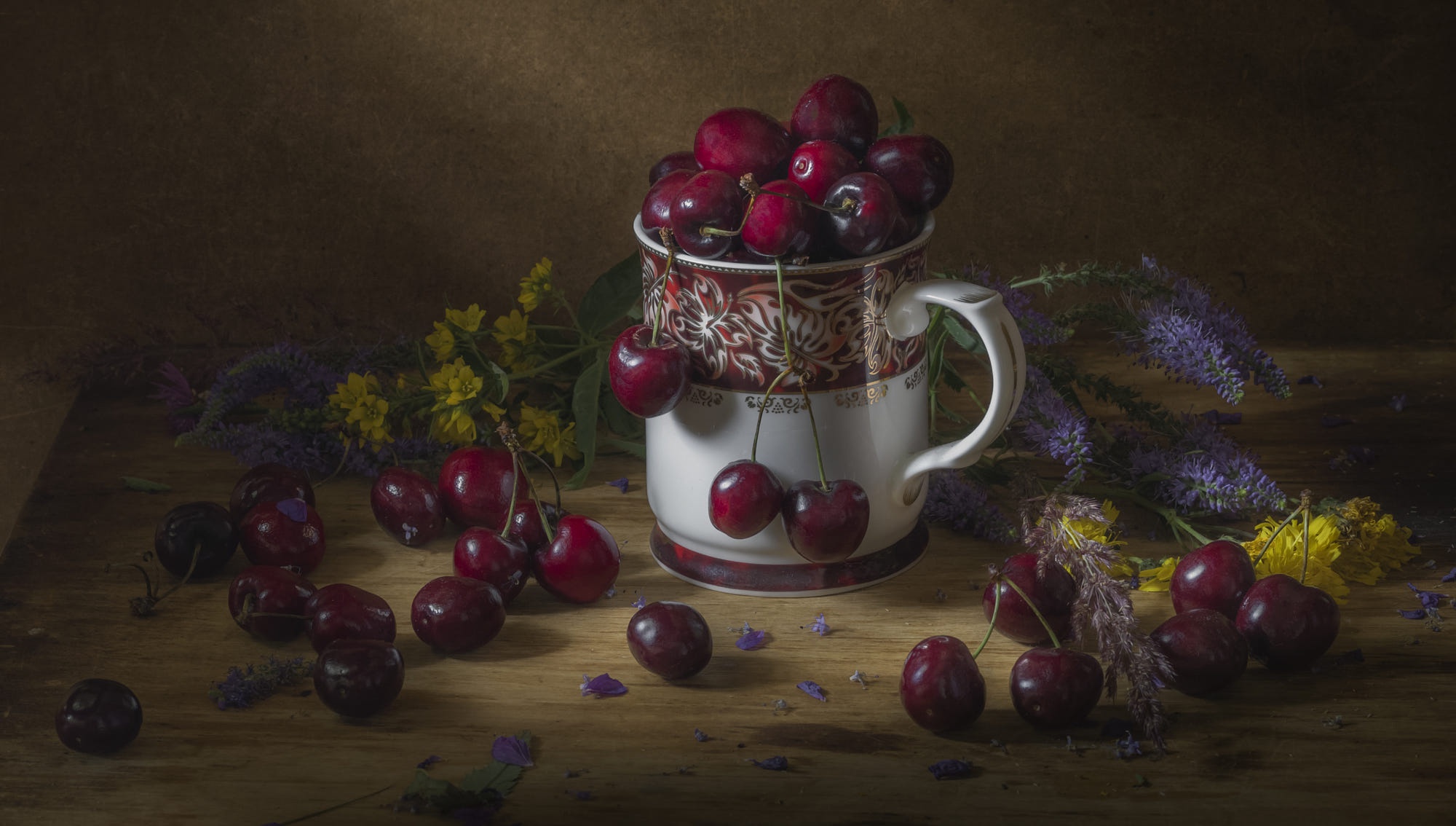 Cherries in a Decorative Mug Still Life HD Wallpaper
