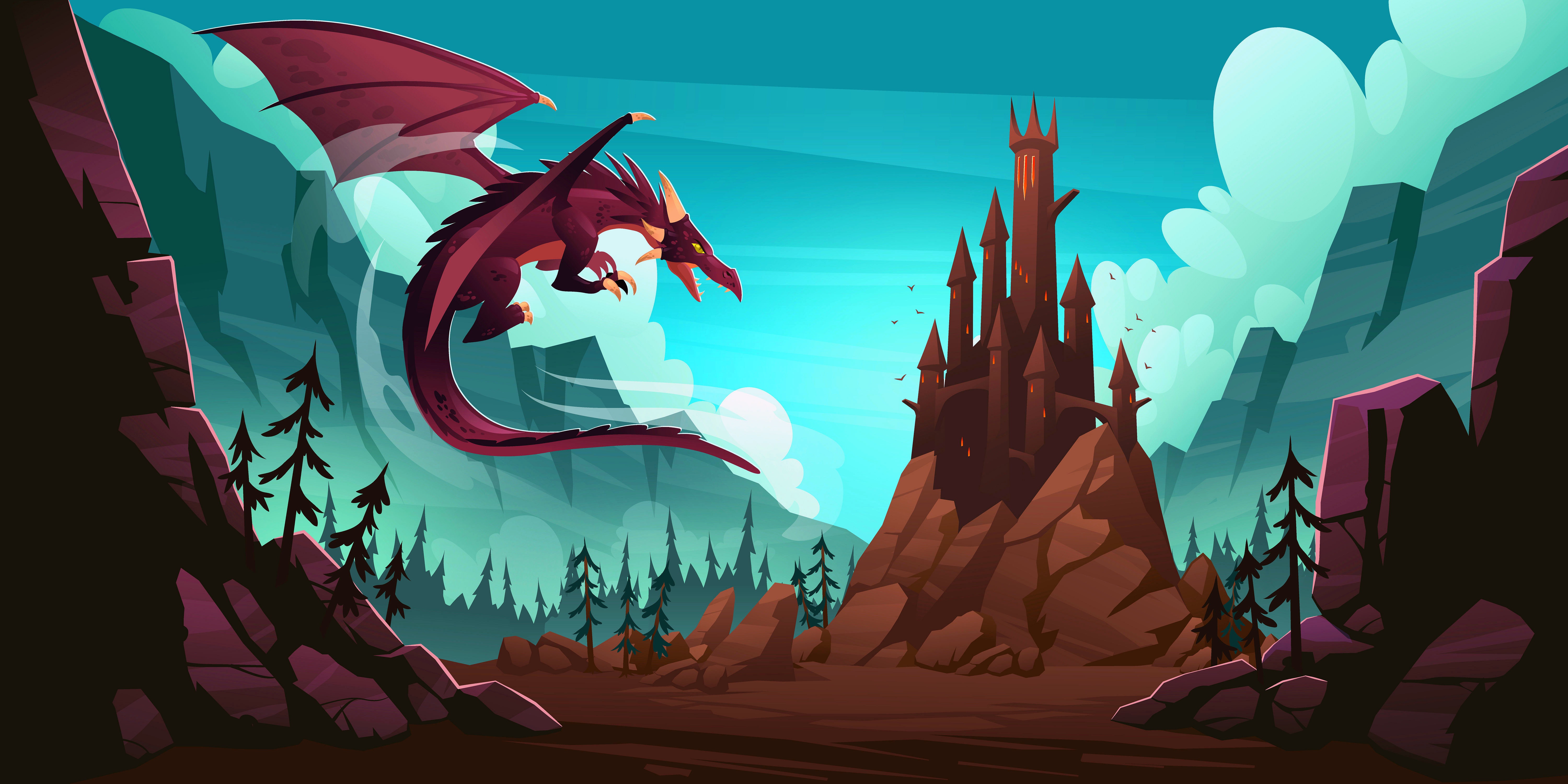 Fantasy Dragon Flying Over Castle HD Wallpaper