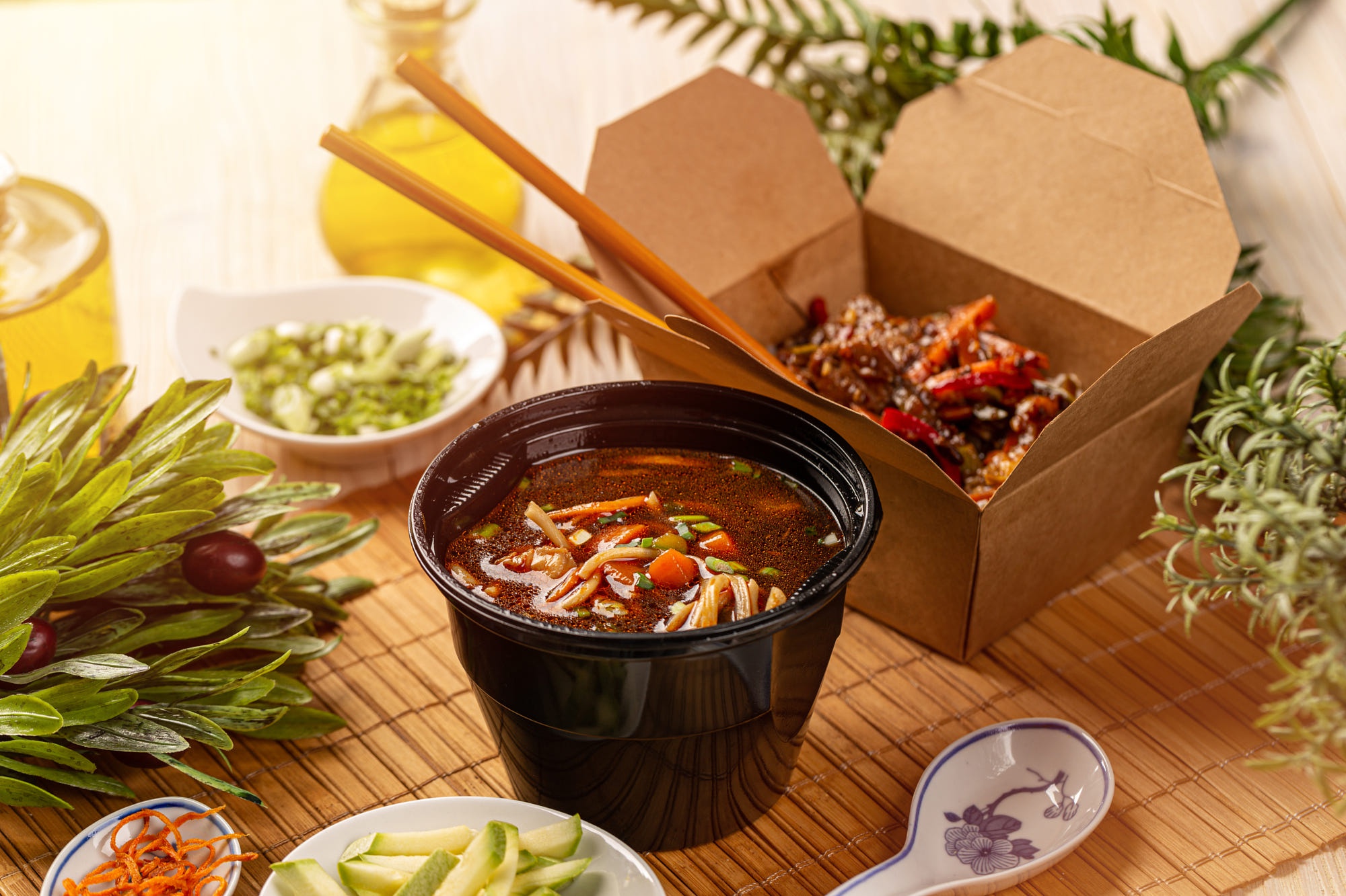 Asian Noodle Soup and Stir-fry Takeout Meal HD Wallpaper