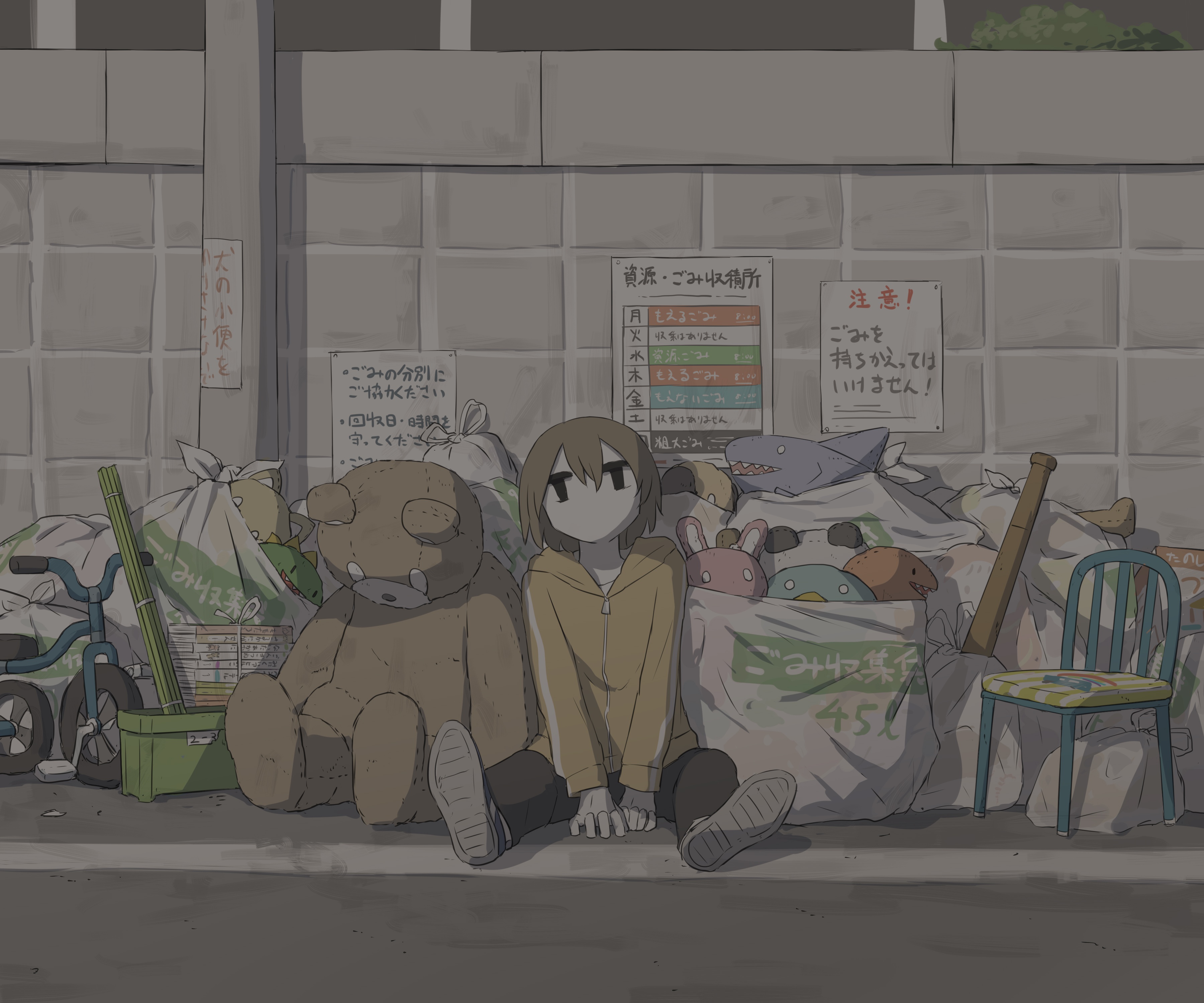 Girl and Teddy Bear Sitting by Trash HD Wallpaper