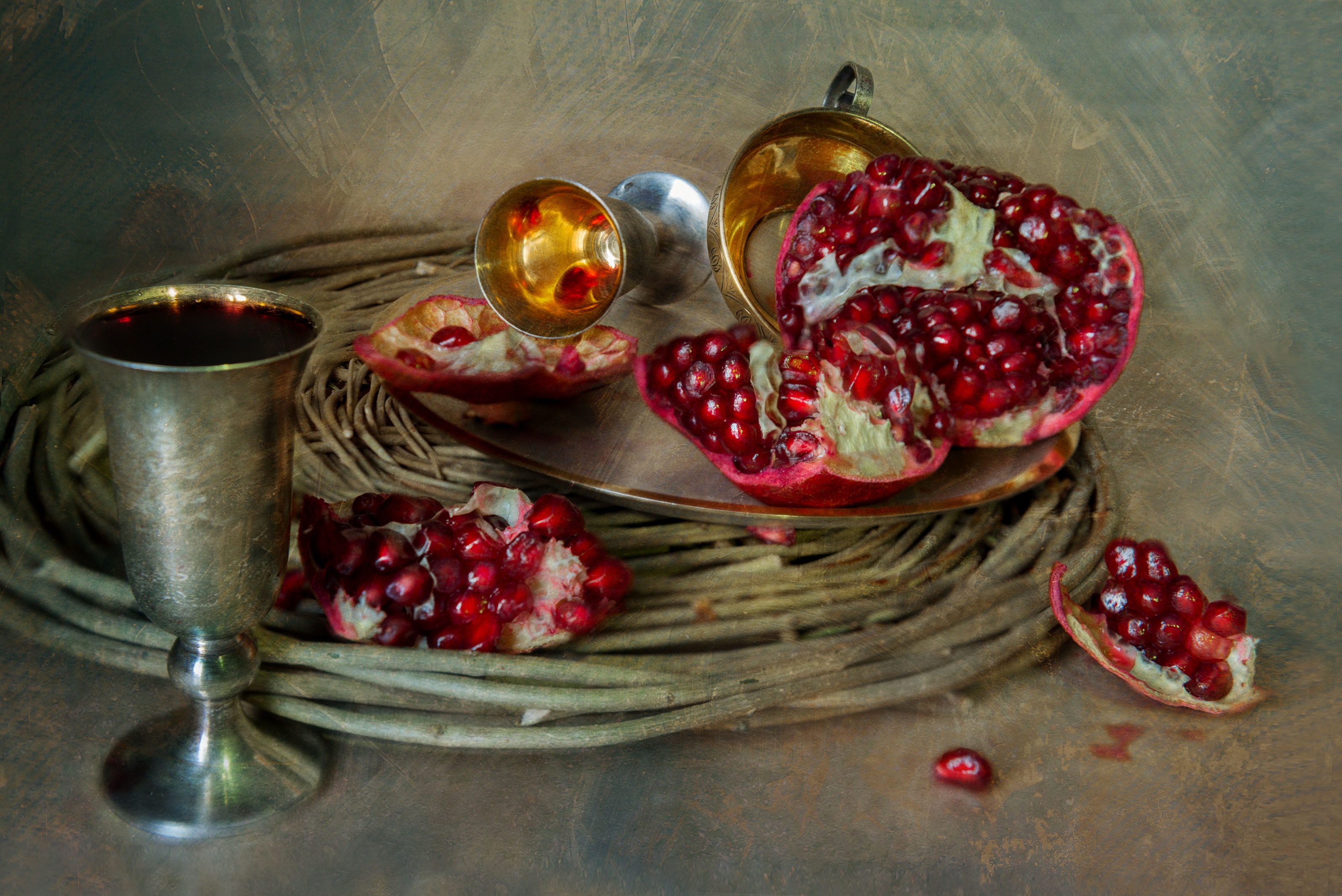 Pomegranate Still Life with Wine Goblets HD Wallpaper