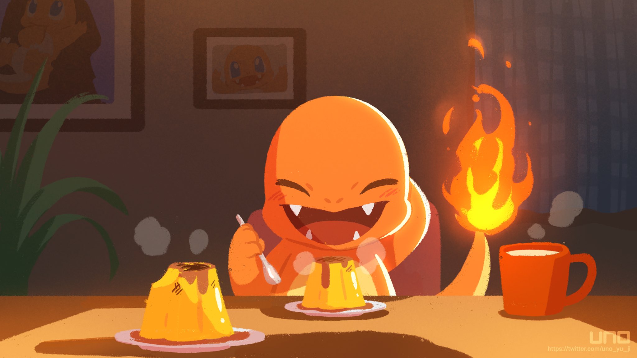 Happy Charmander enjoying pudding and a warm drink HD Wallpaper