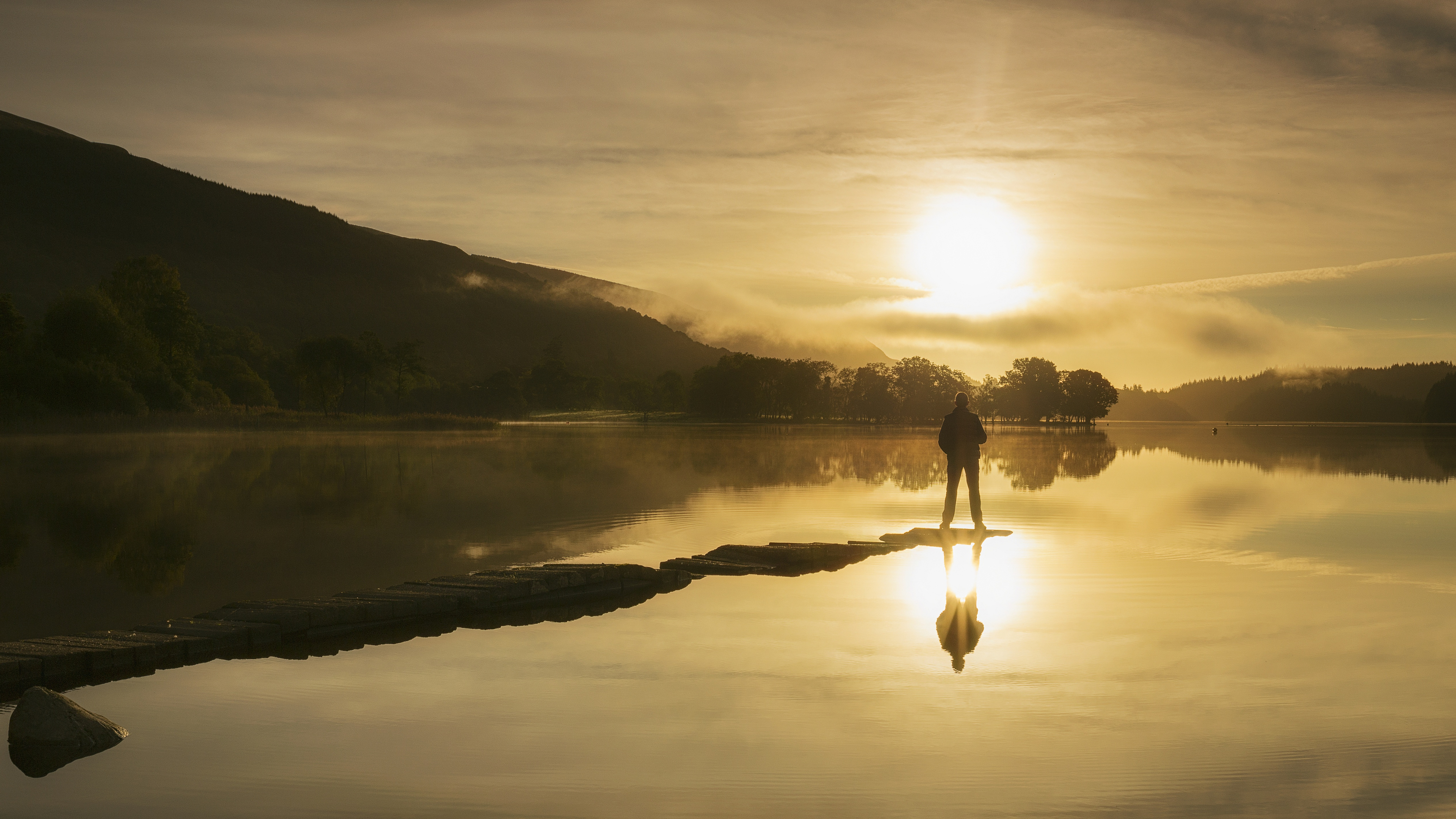 Man watching golden sunrise reflections on tranquil lake HD Wallpaper