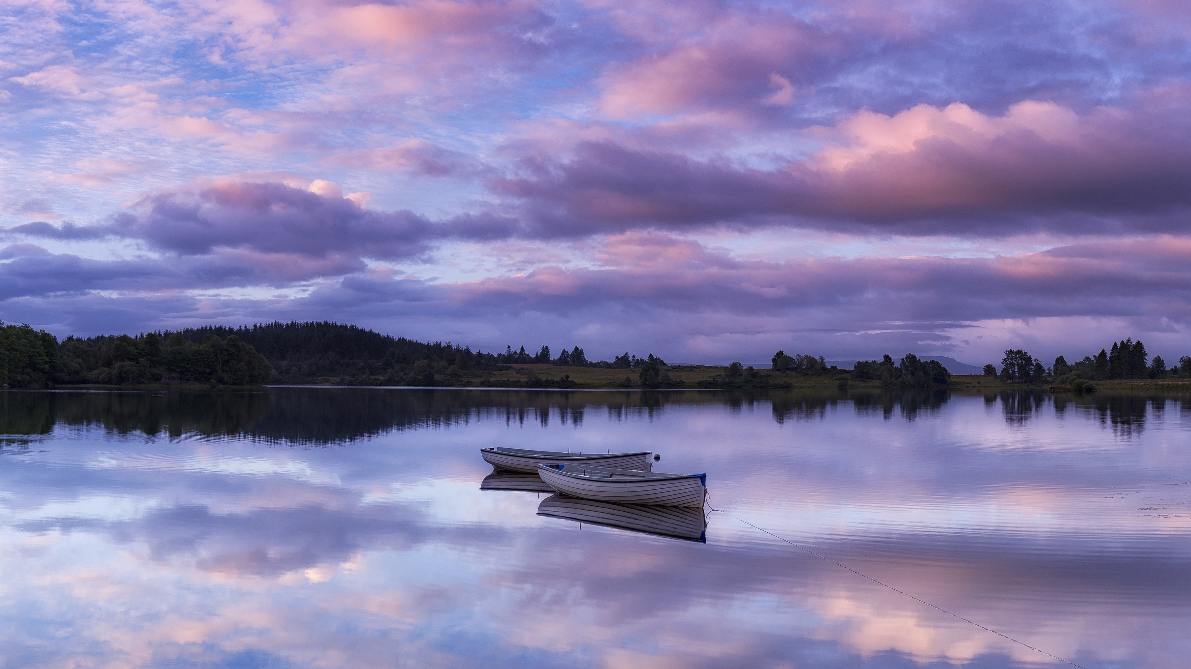Beautiful Lake Reflection with Purple Clouds and Boats HD Wallpaper