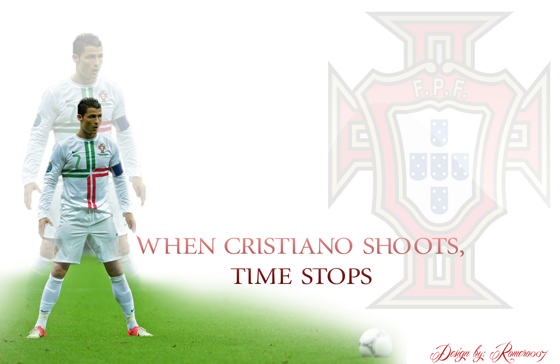 Cristiano Ronaldo in Portugal kit with team logo and quote HD Wallpaper