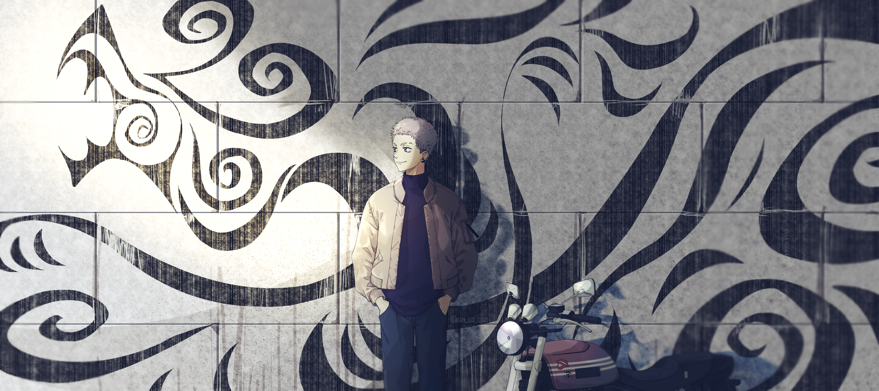 Takashi Mitsuya leaning on a tribal graffiti wall HD Wallpaper