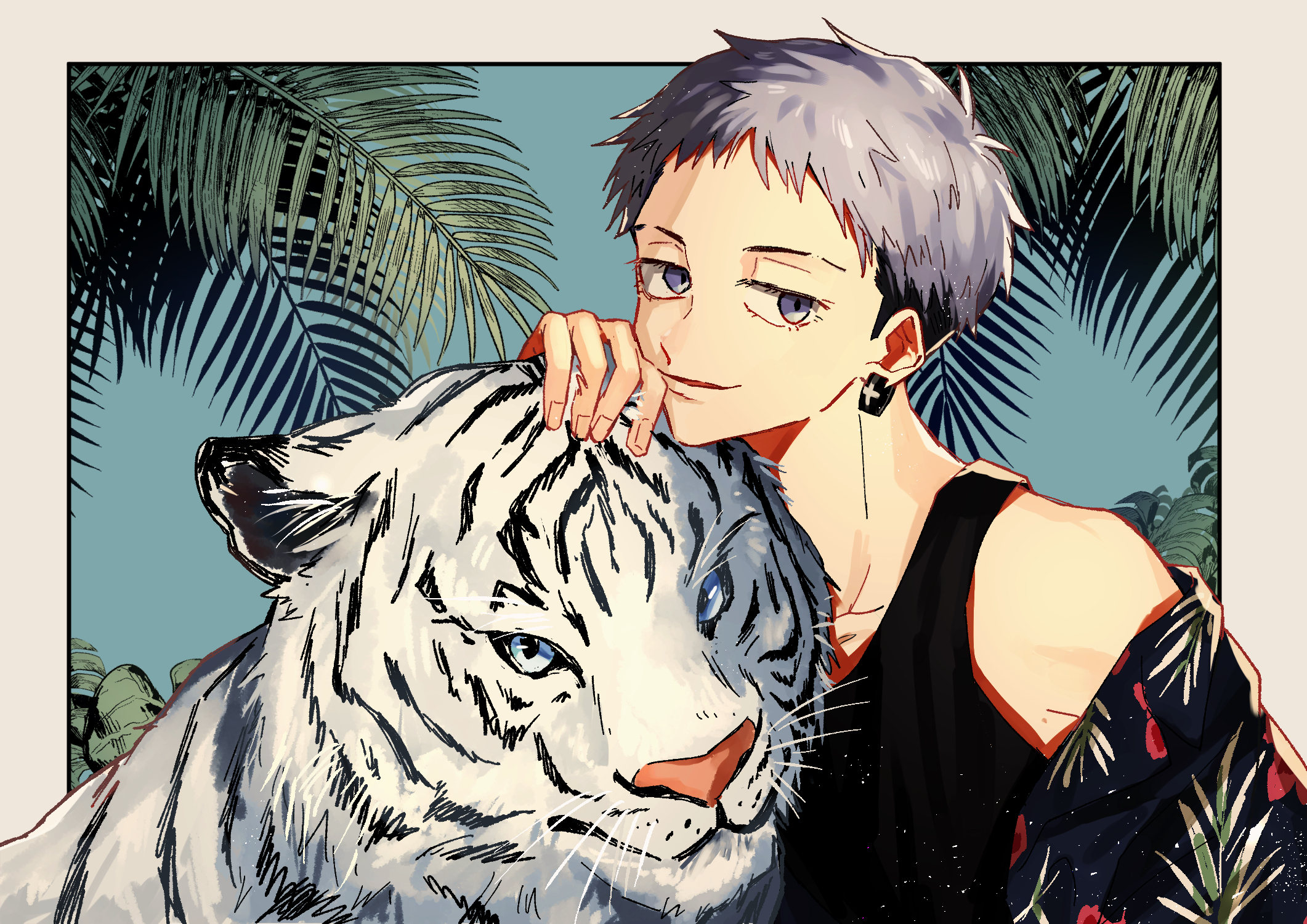 Takashi Mitsuya petting a white tiger in a jungle HD Wallpaper