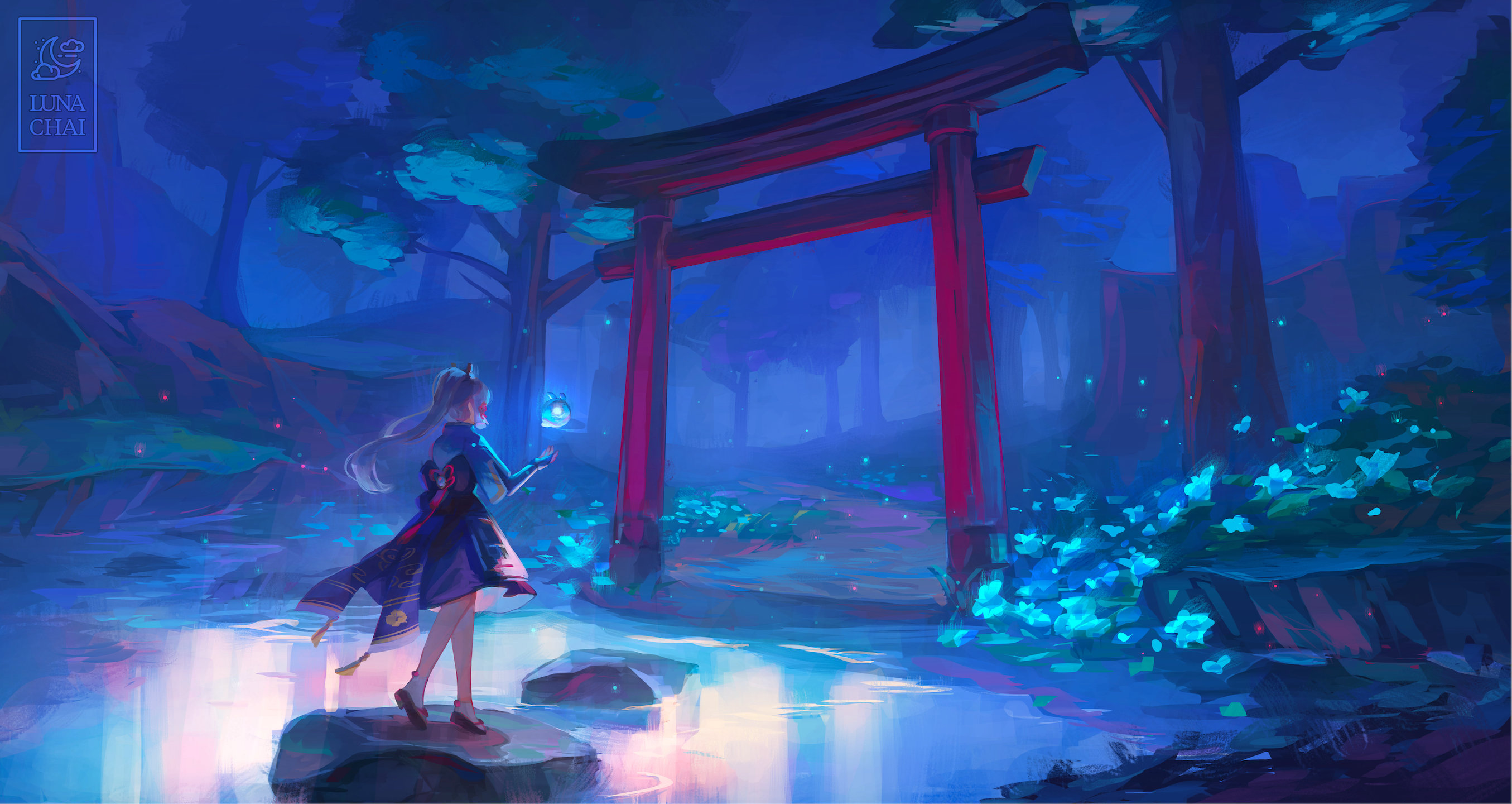 Genshin Impact Kamisato Ayaka in glowing blue forest with torii gate HD Wallpaper