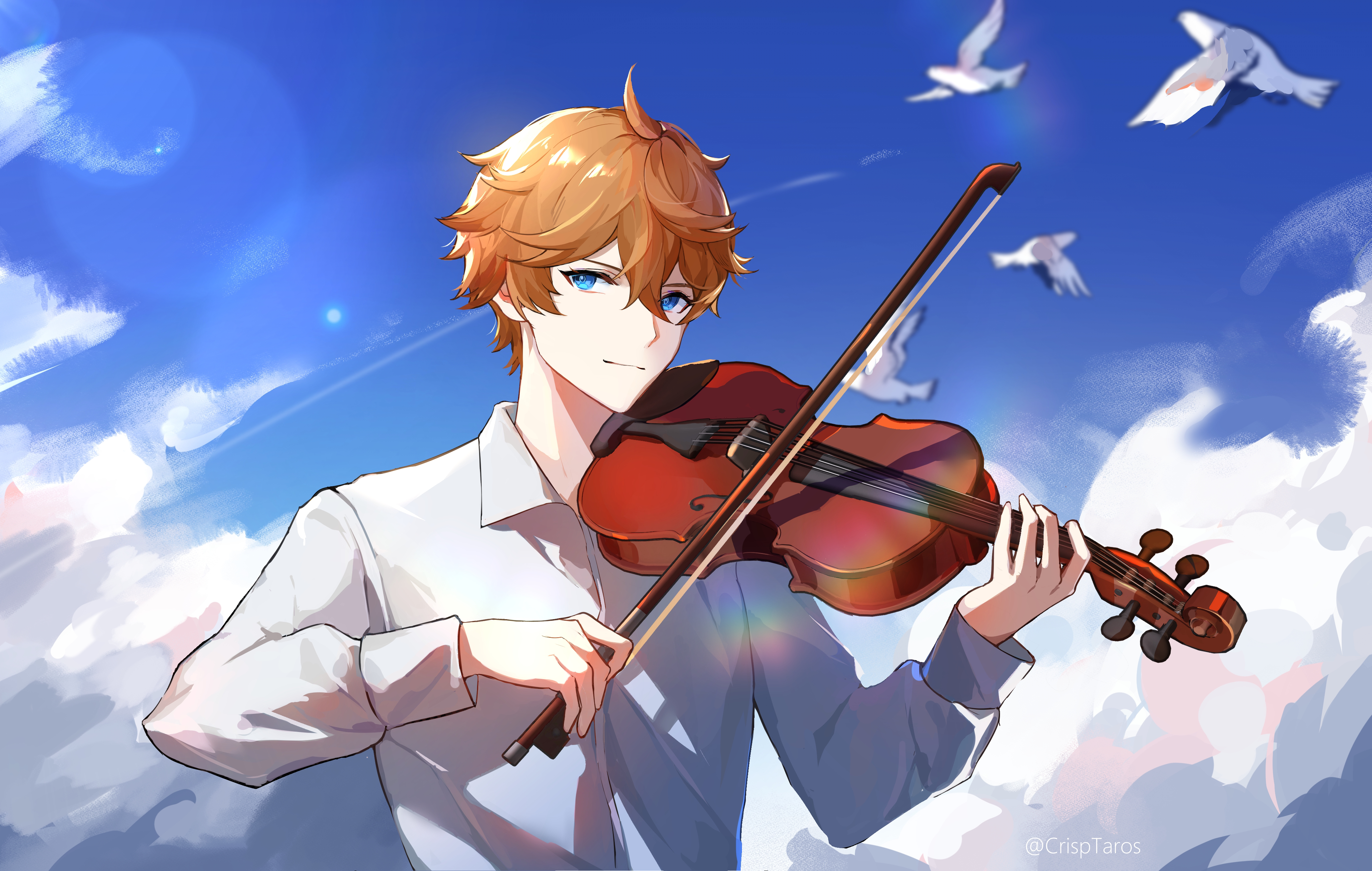 Tartaglia Childe playing violin under blue sky HD Wallpaper