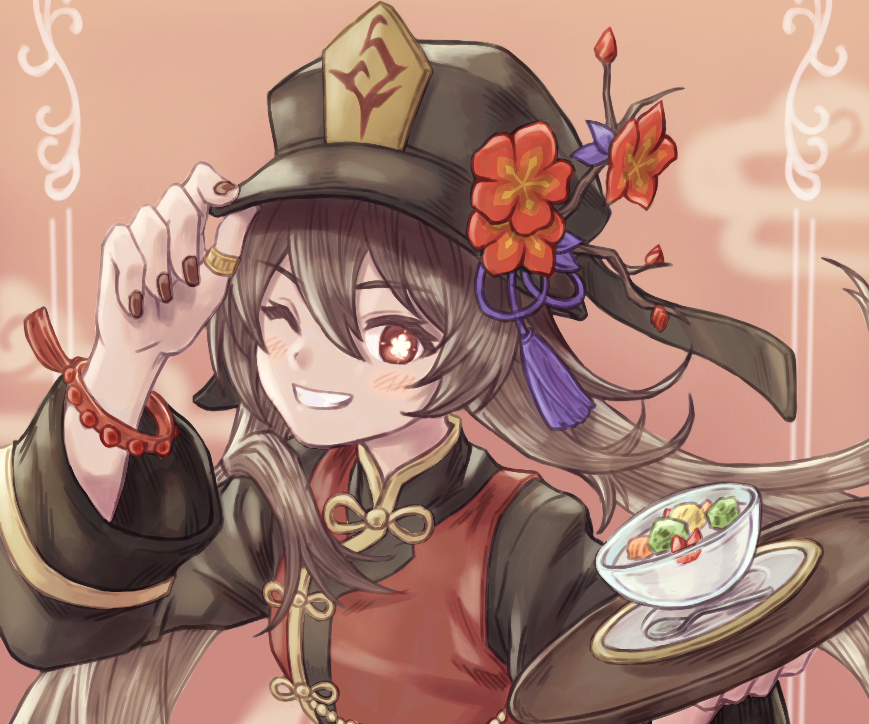 Genshin Impact Hu Tao with dessert HD Wallpaper