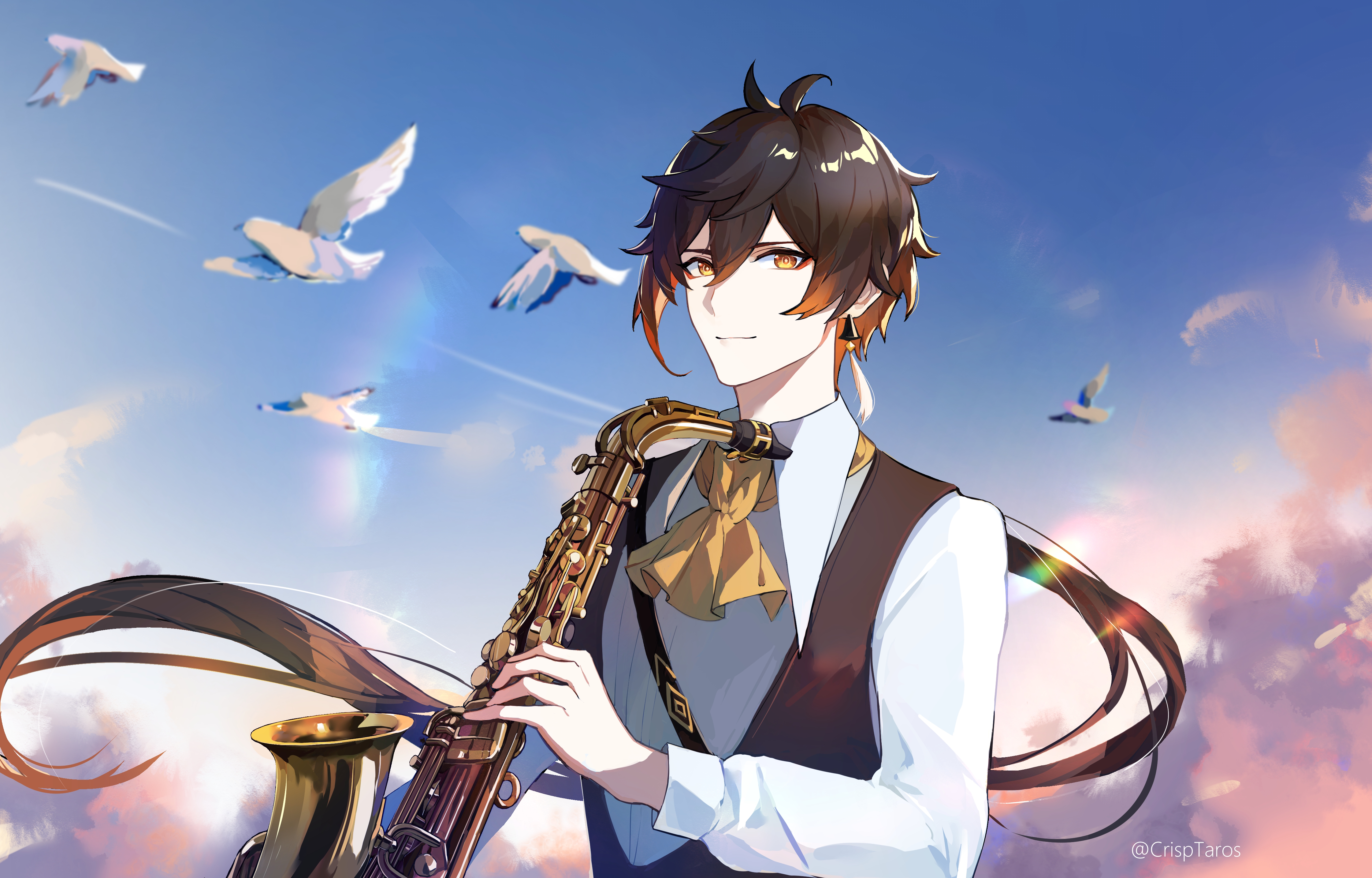 Zhongli playing saxophone under a vibrant sky with birds HD Wallpaper